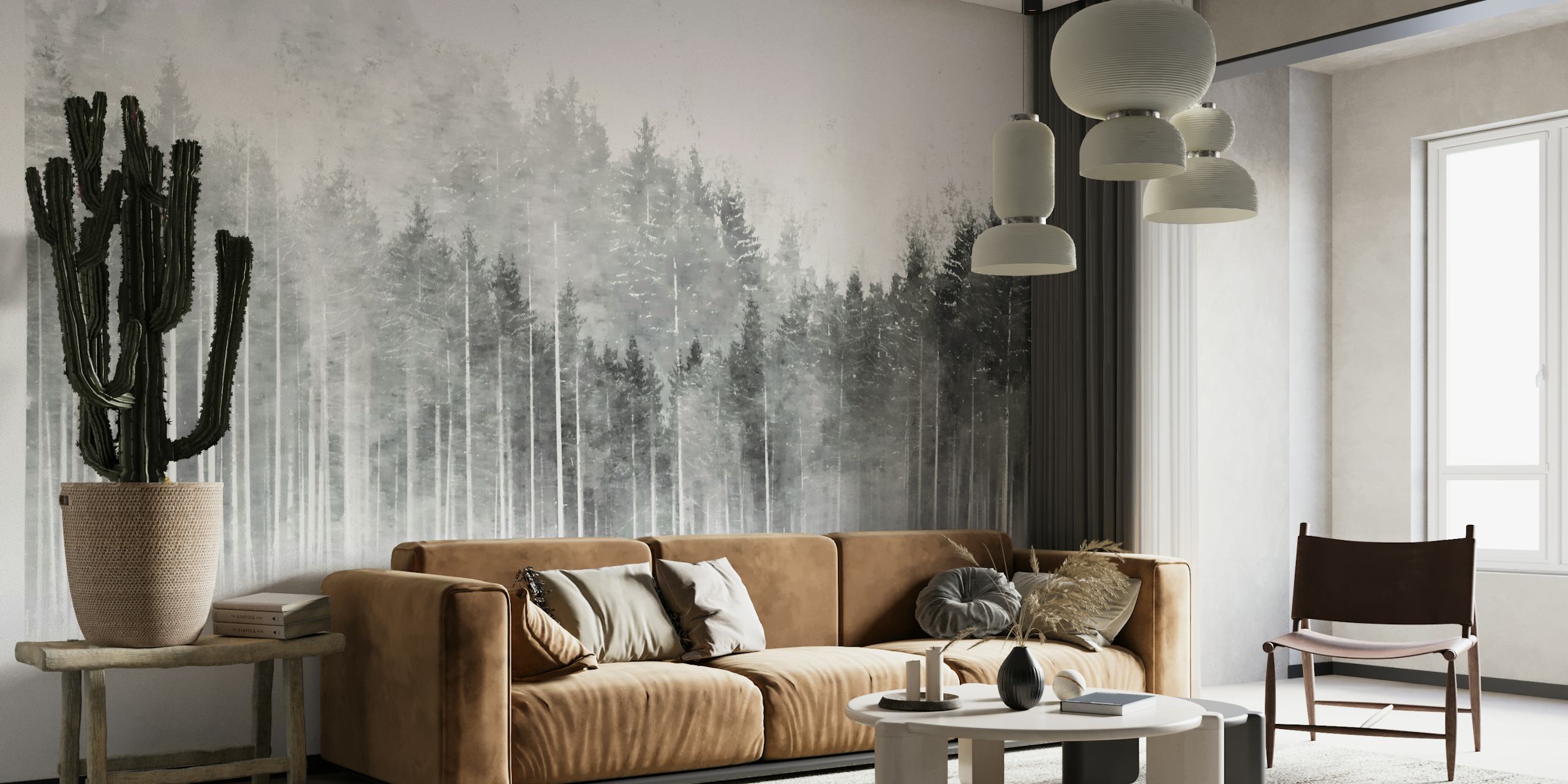 Misty Forest Black White wallpaper