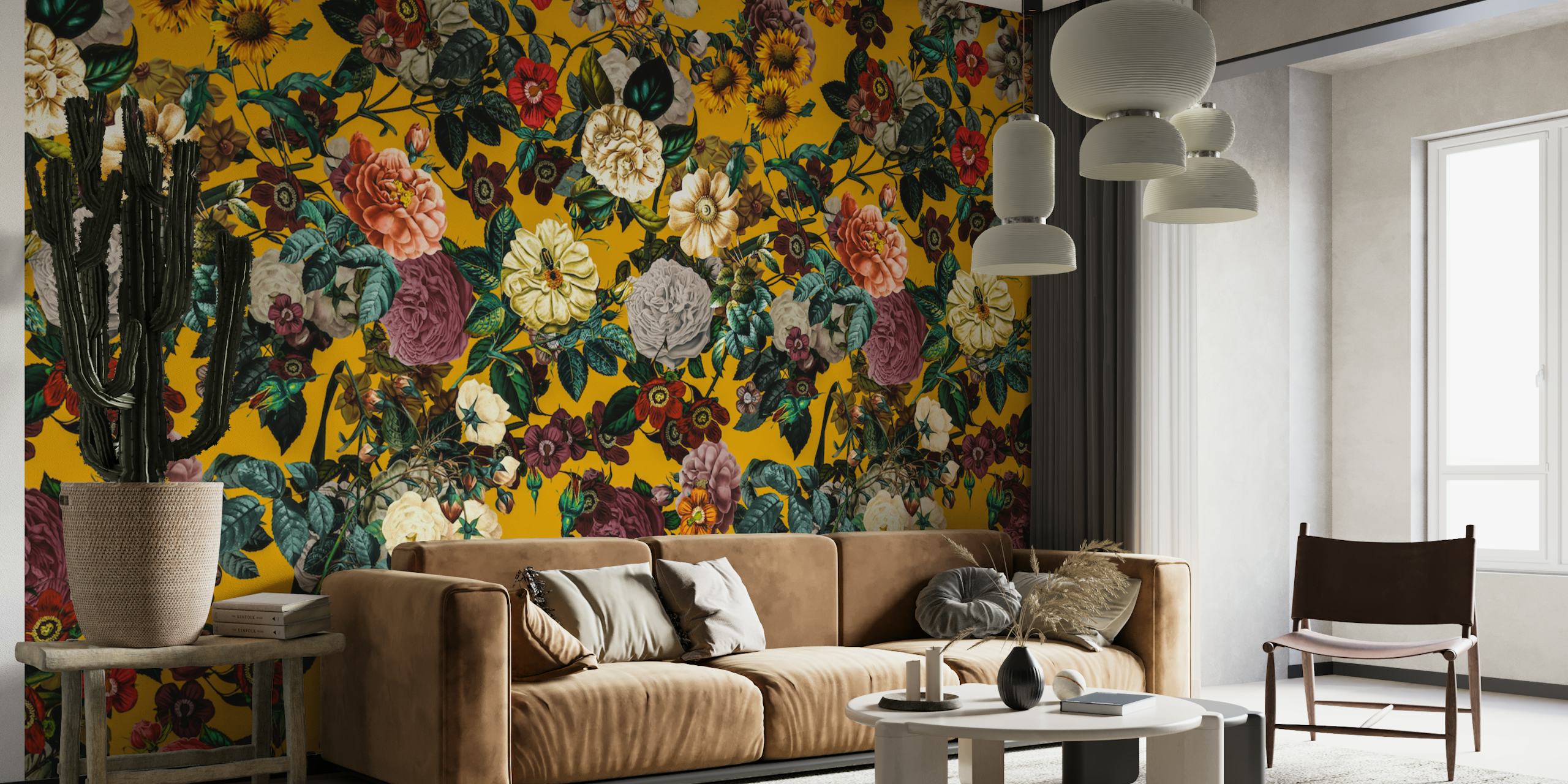 Exotic Garden V botanical wall mural with colorful flowers on a golden yellow background