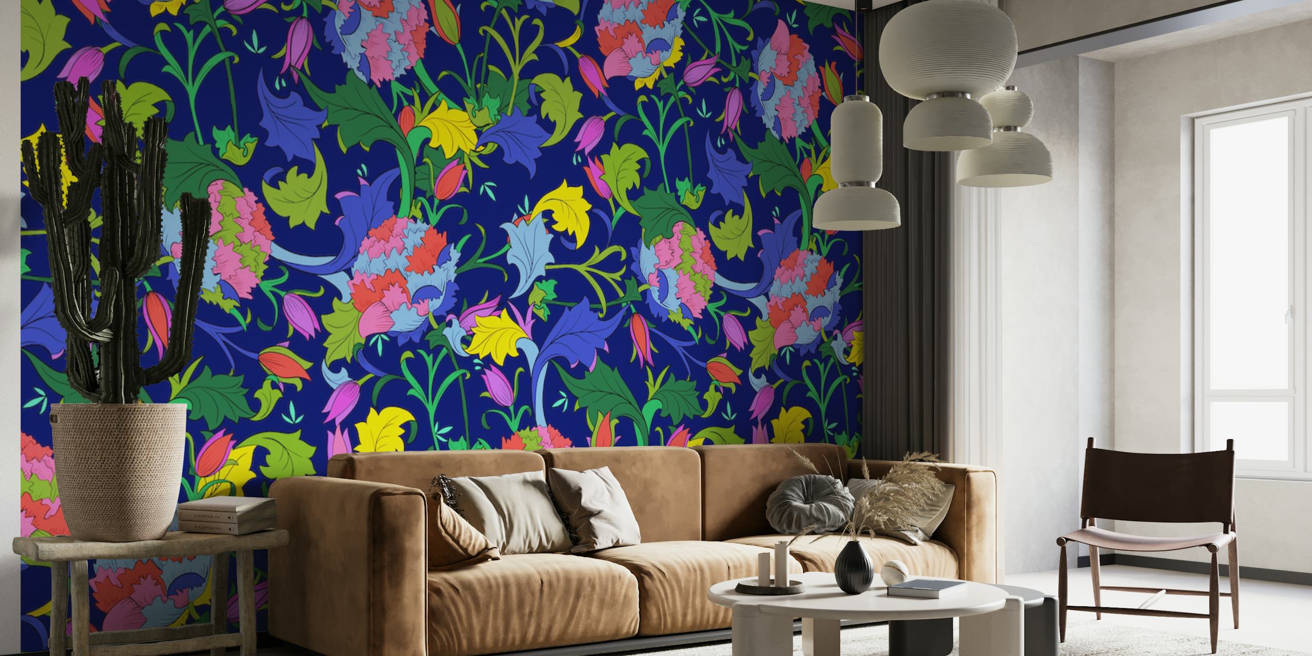 Colorful floral pattern with blue, pink, and yellow flowers on a navy background wallpaper