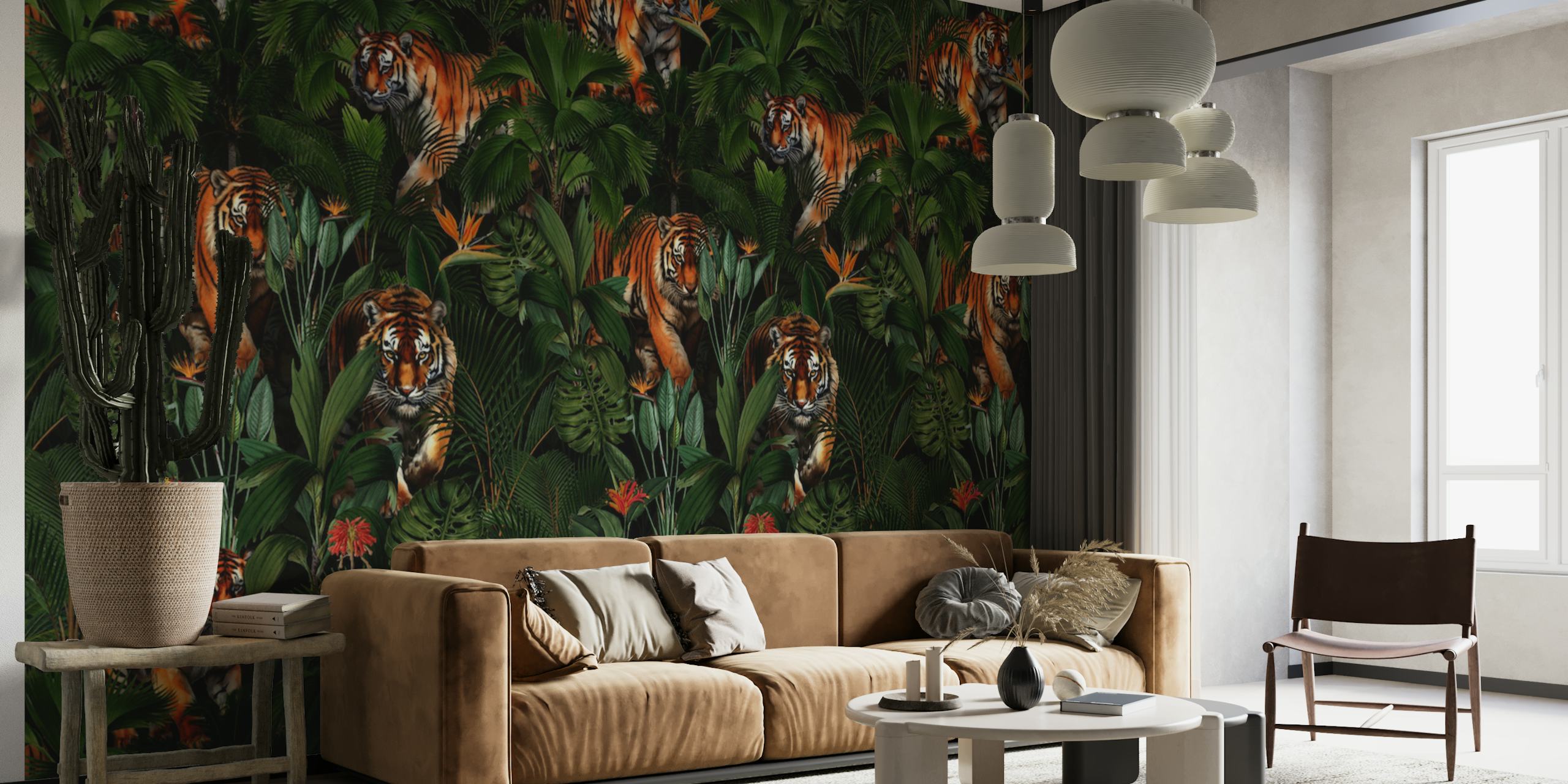 Tropical foliage and tigers pattern wallpaper.