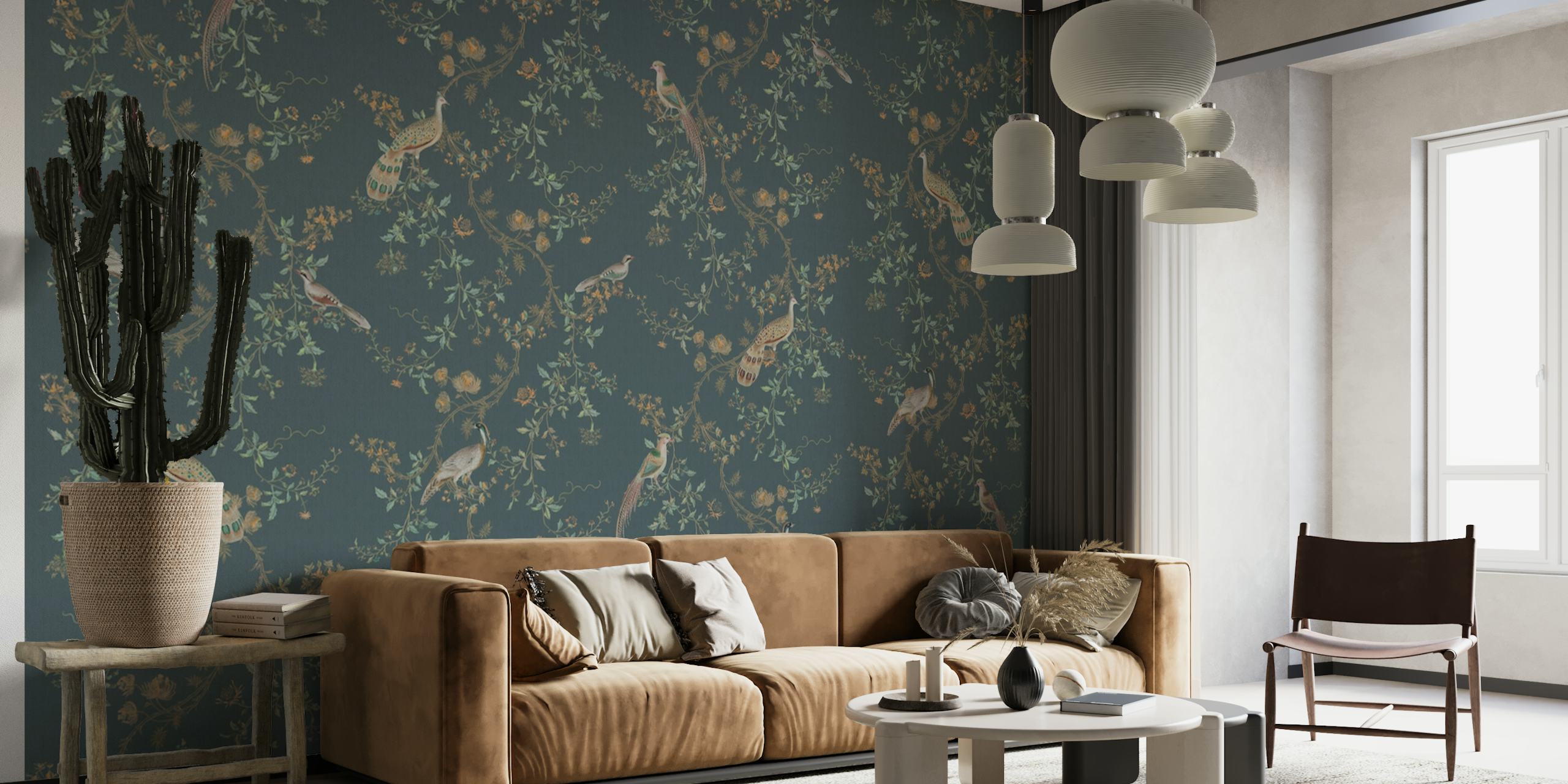 CHINOISERIES BIRDS AND FLORALS - TEAL behang
