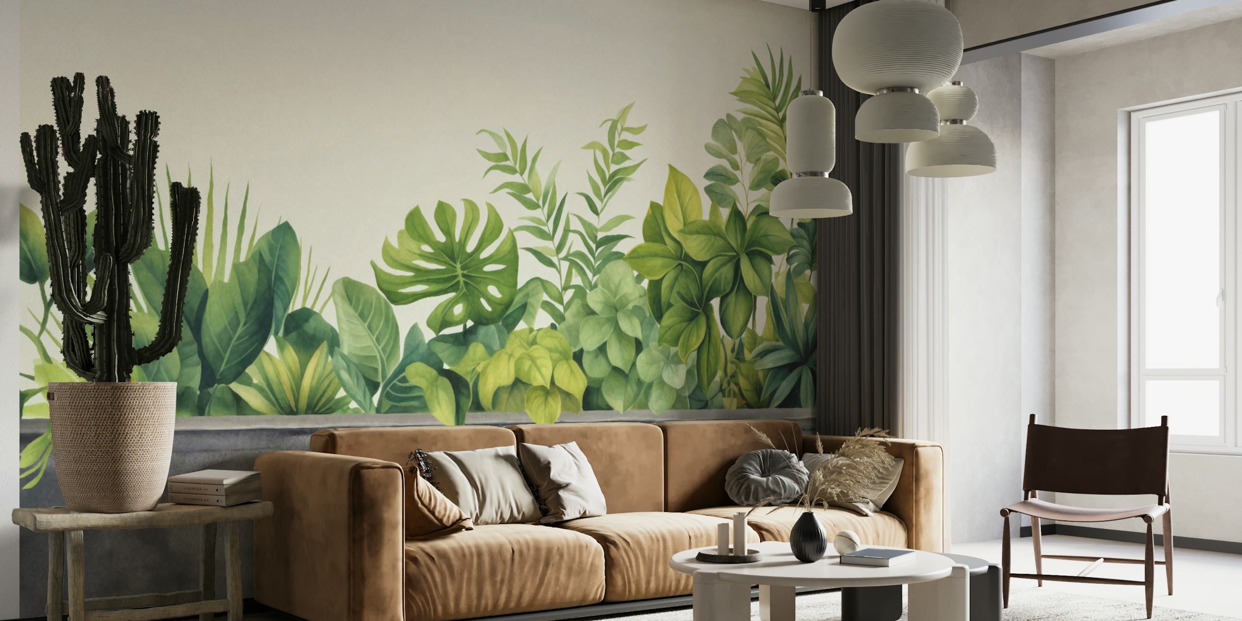 Urban Gardening Tropical Green Watercolor wall mural with lush foliage over grey background