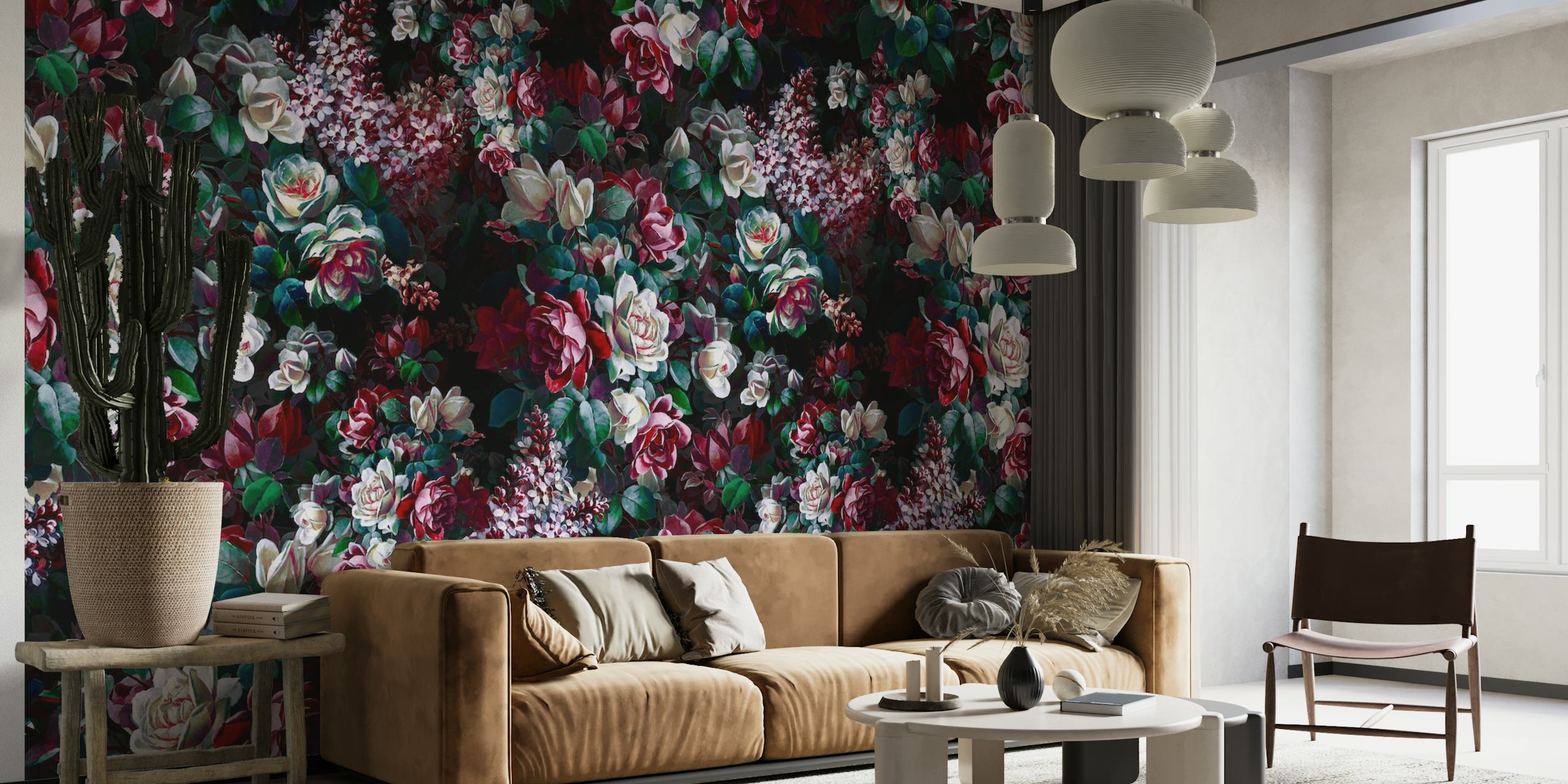 Vibrant floral patterns in deep reds and greens wallpaper