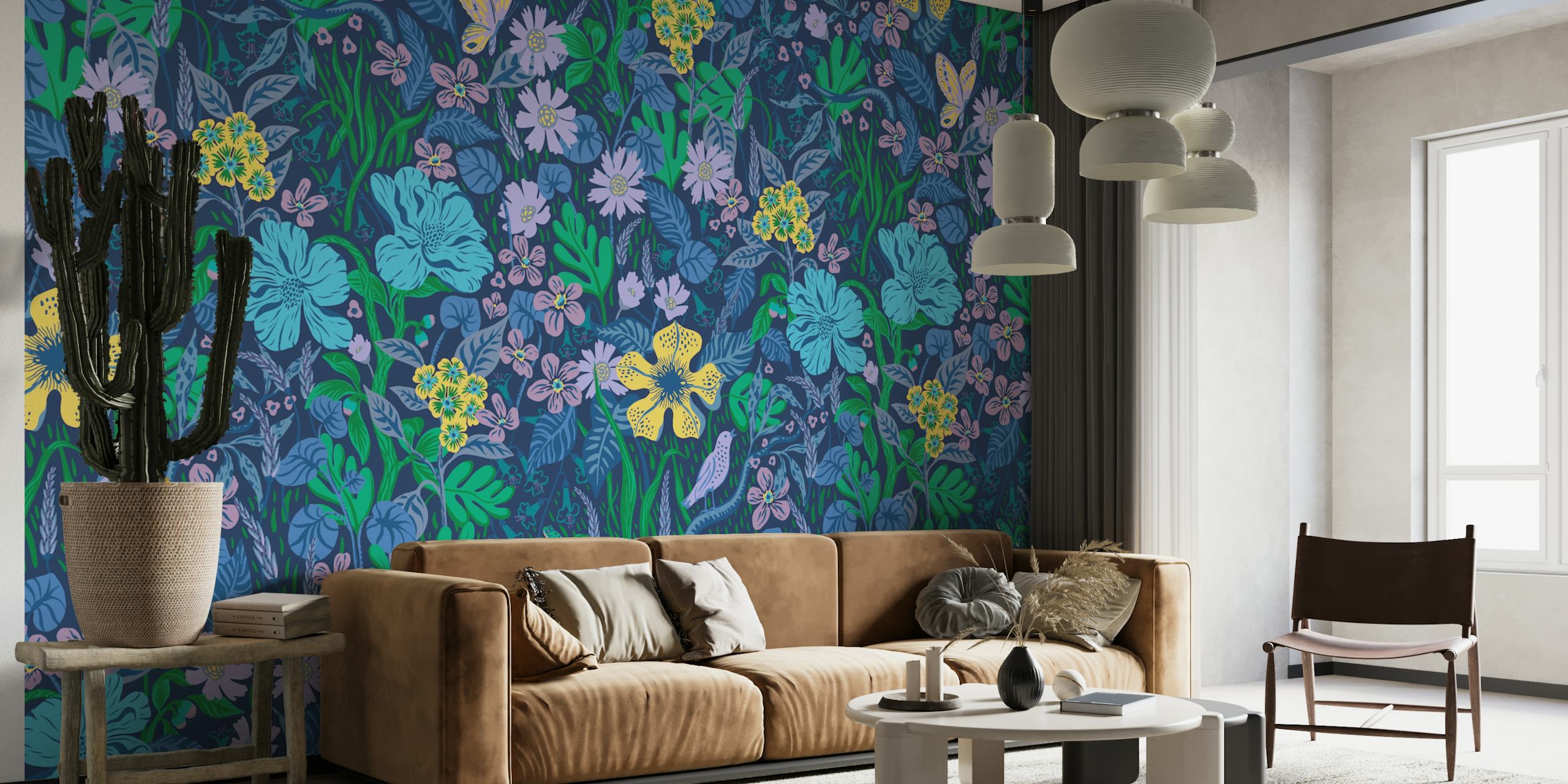 Colorful blue and yellow floral wallpaper with green leaves design