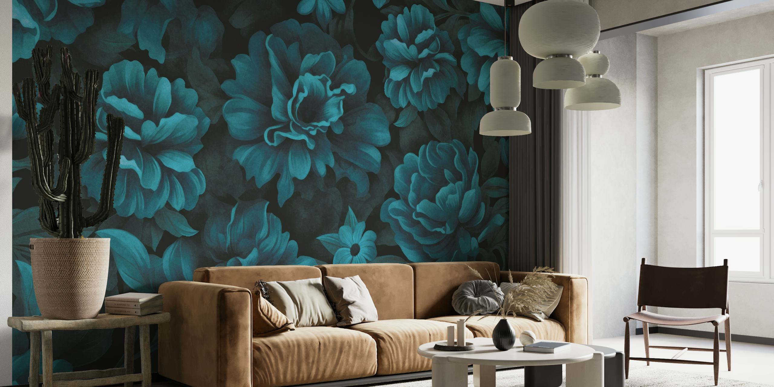 Velveteen Opulent Dark Moody Flower Teal Blue wallpaper