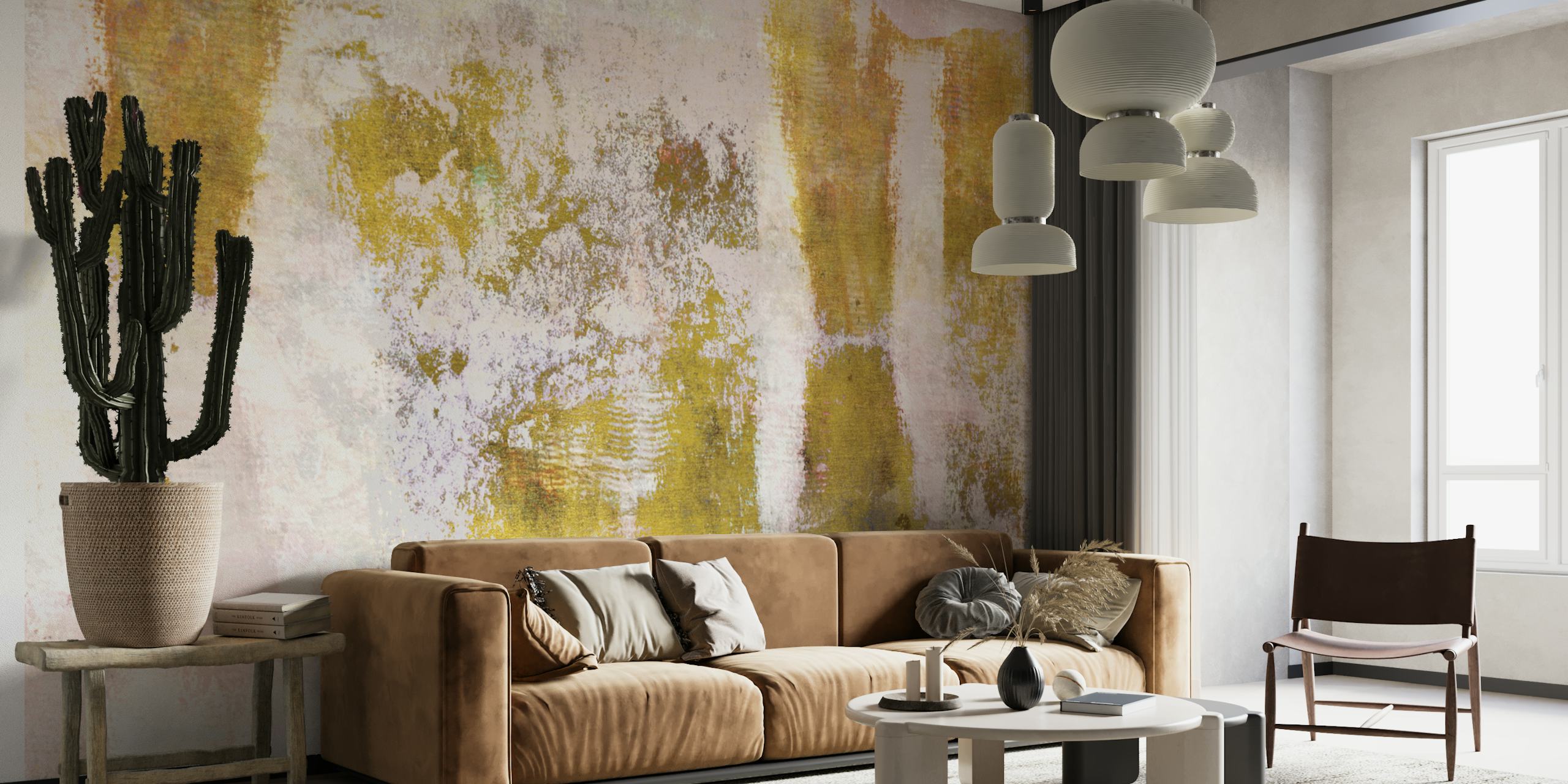 Abstract urban-inspired wall mural with gold and cream tones