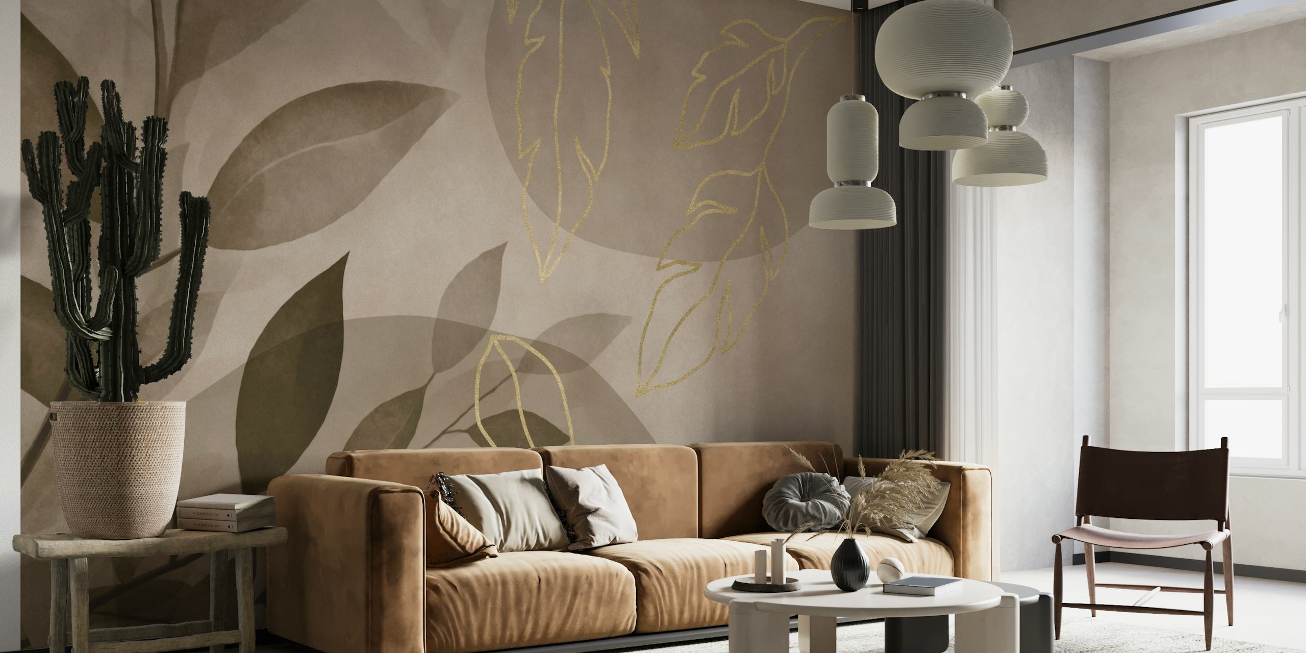 Leafy Elegance Brown Gold wallpaper