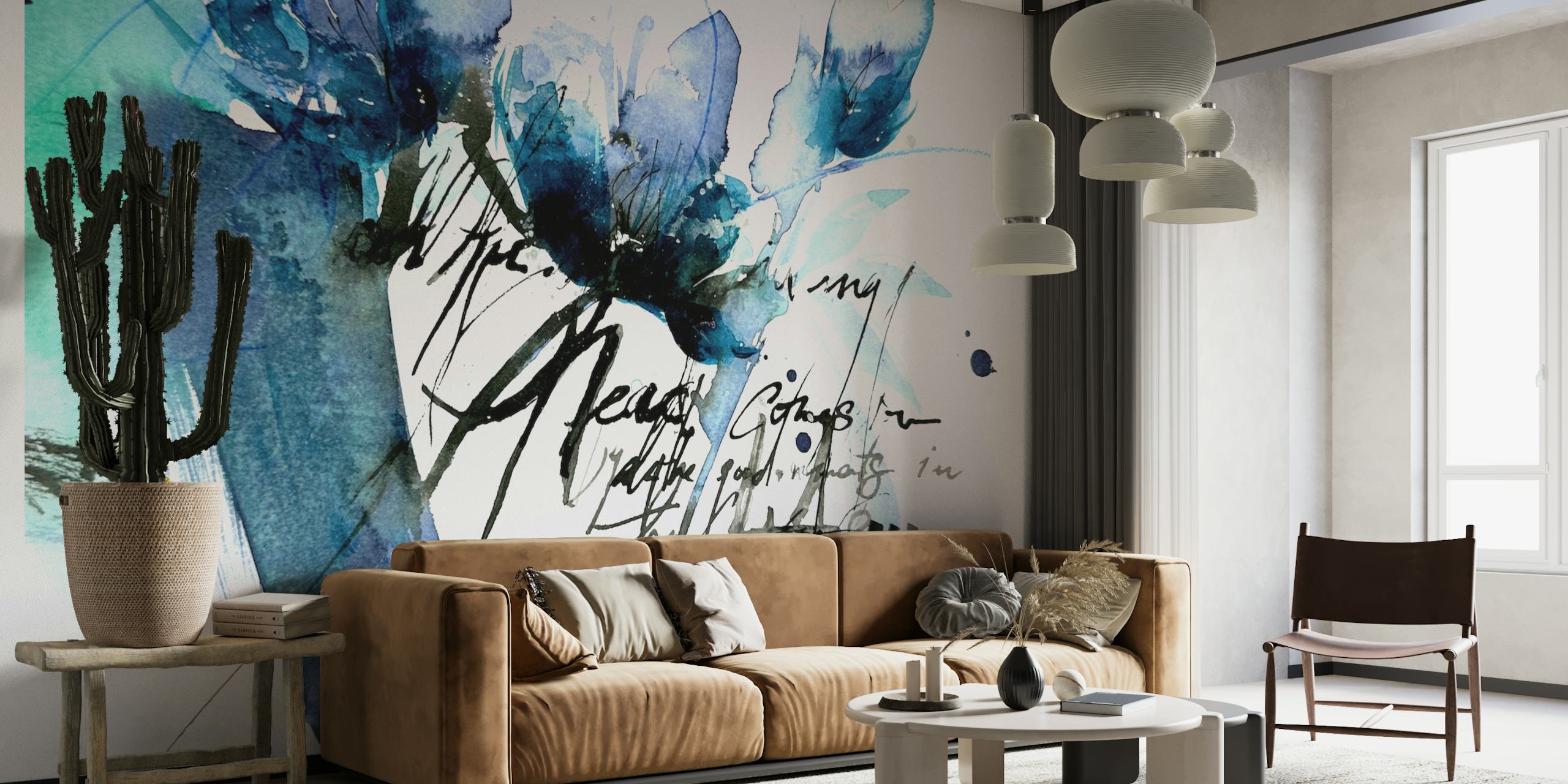 Floral wallpaper in a room with blue and green tones