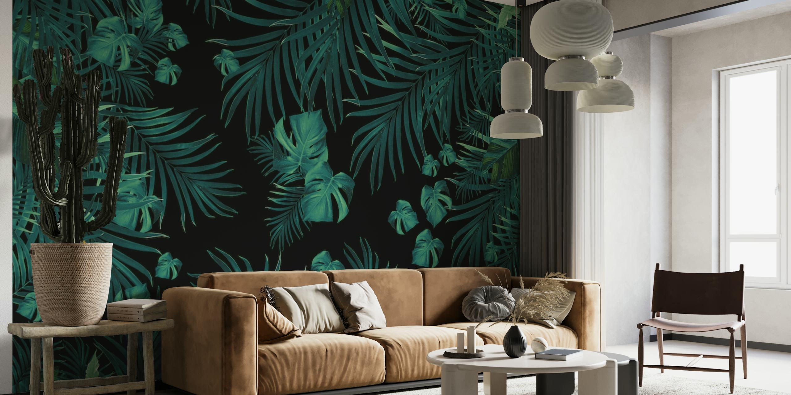 Tropical jungle leaves in dark green shades, creating a mysterious night-time atmosphere.