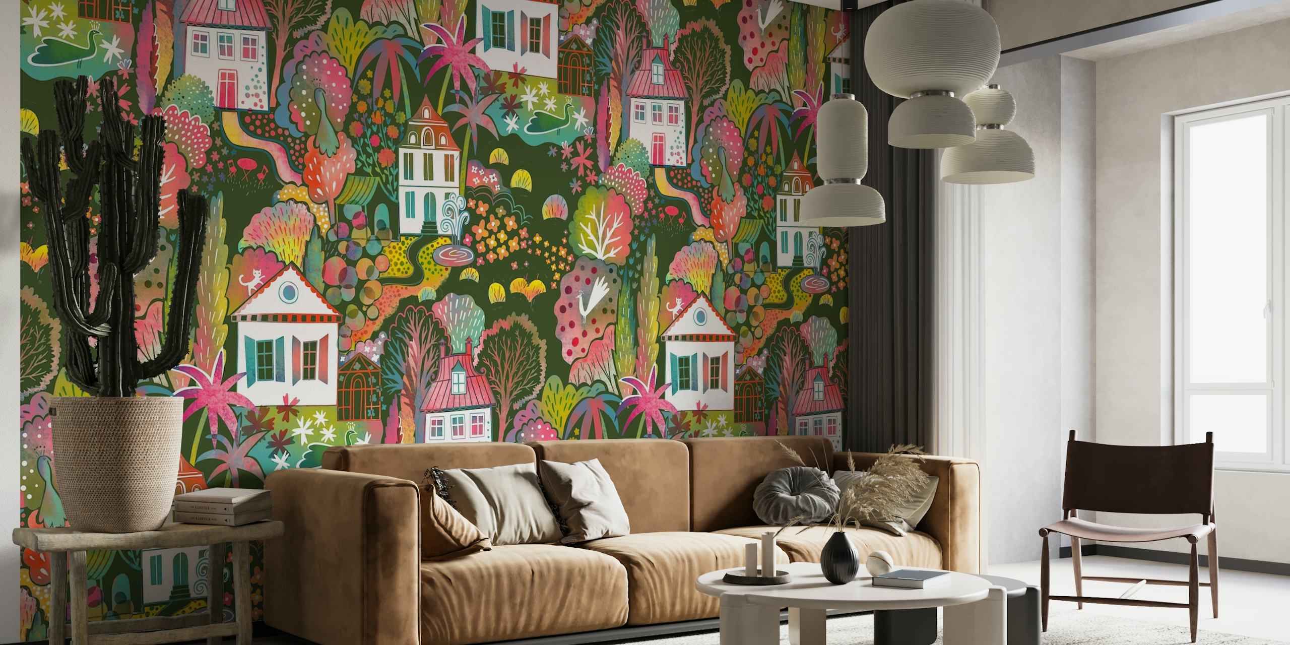 Talijanski nadahnut zidni mural za vrt i vikendicu s paunovima i cvijećem