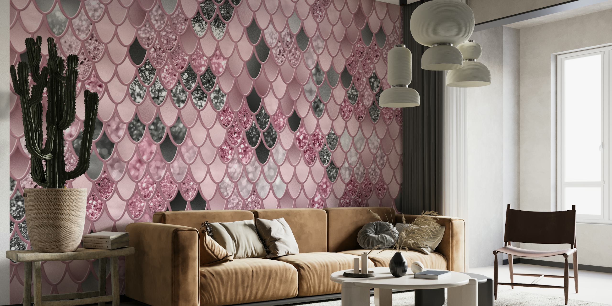 Mermaid scale pattern in blush pink, black, and silver glitter wallpaper