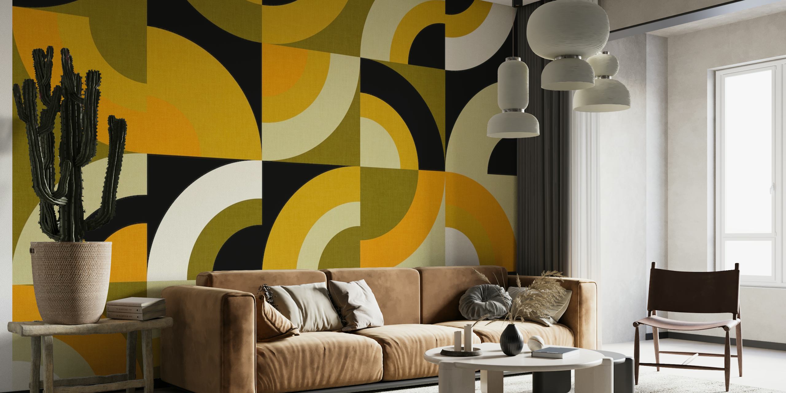 Geometric arcs pattern in mustard yellow, black, and white wallpaper