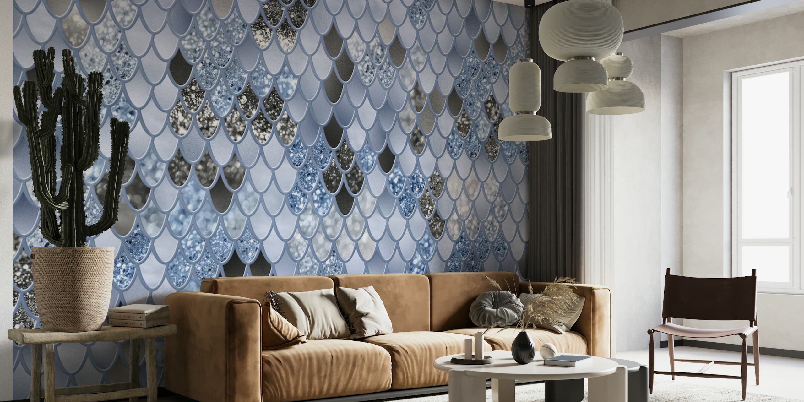 Papel de parede Soft Blue Black Mermaid Scales em um quarto
