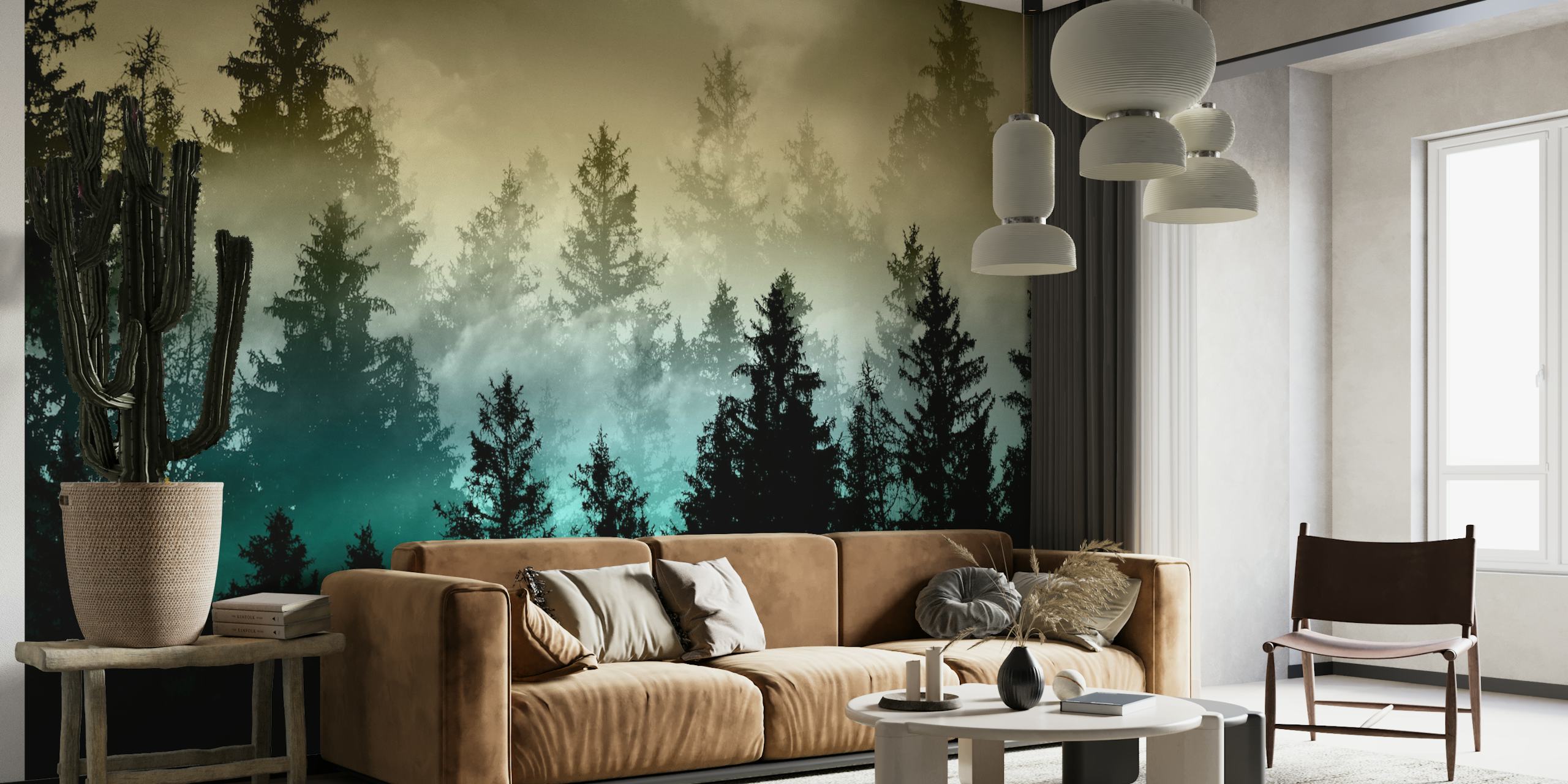 Dark forest with gradient sunset colors wallpaper