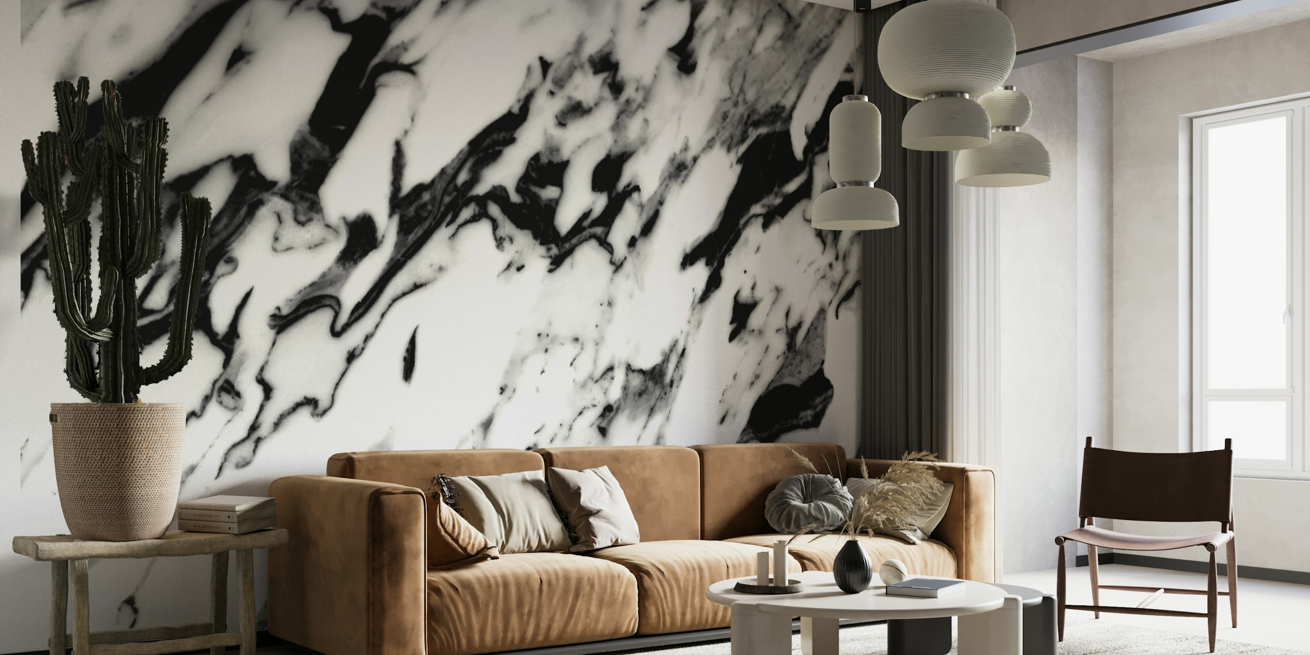 Monochrome classic white marble pattern wall mural with black veins