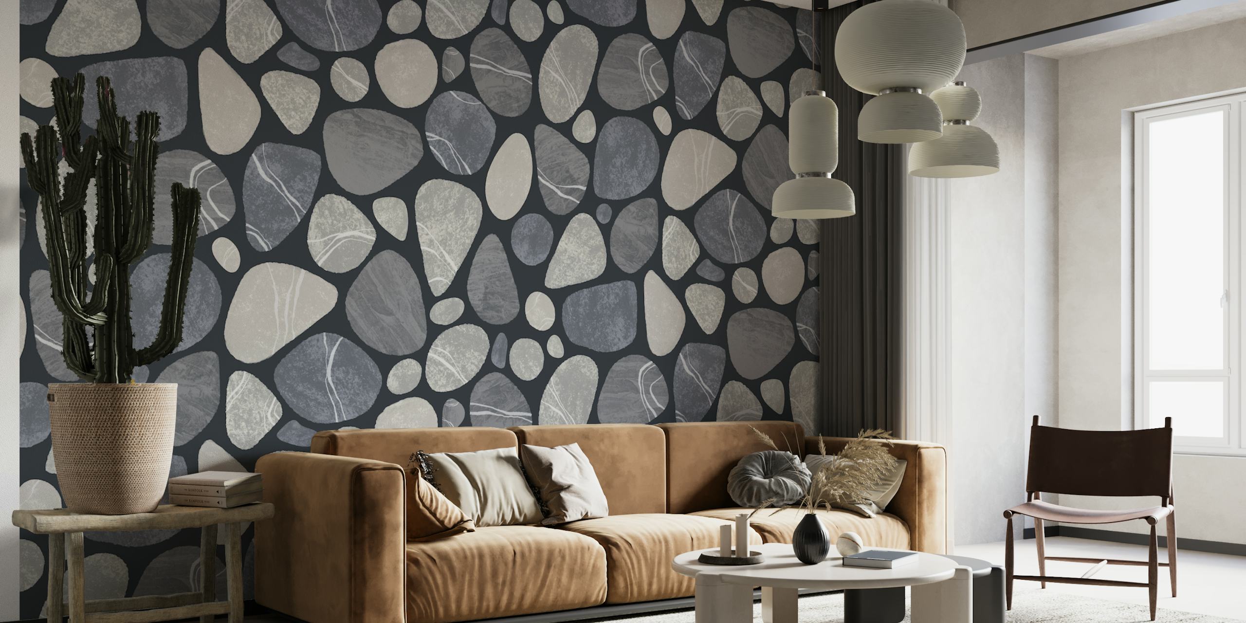 Grey pebble stone pattern on dark background wallpaper