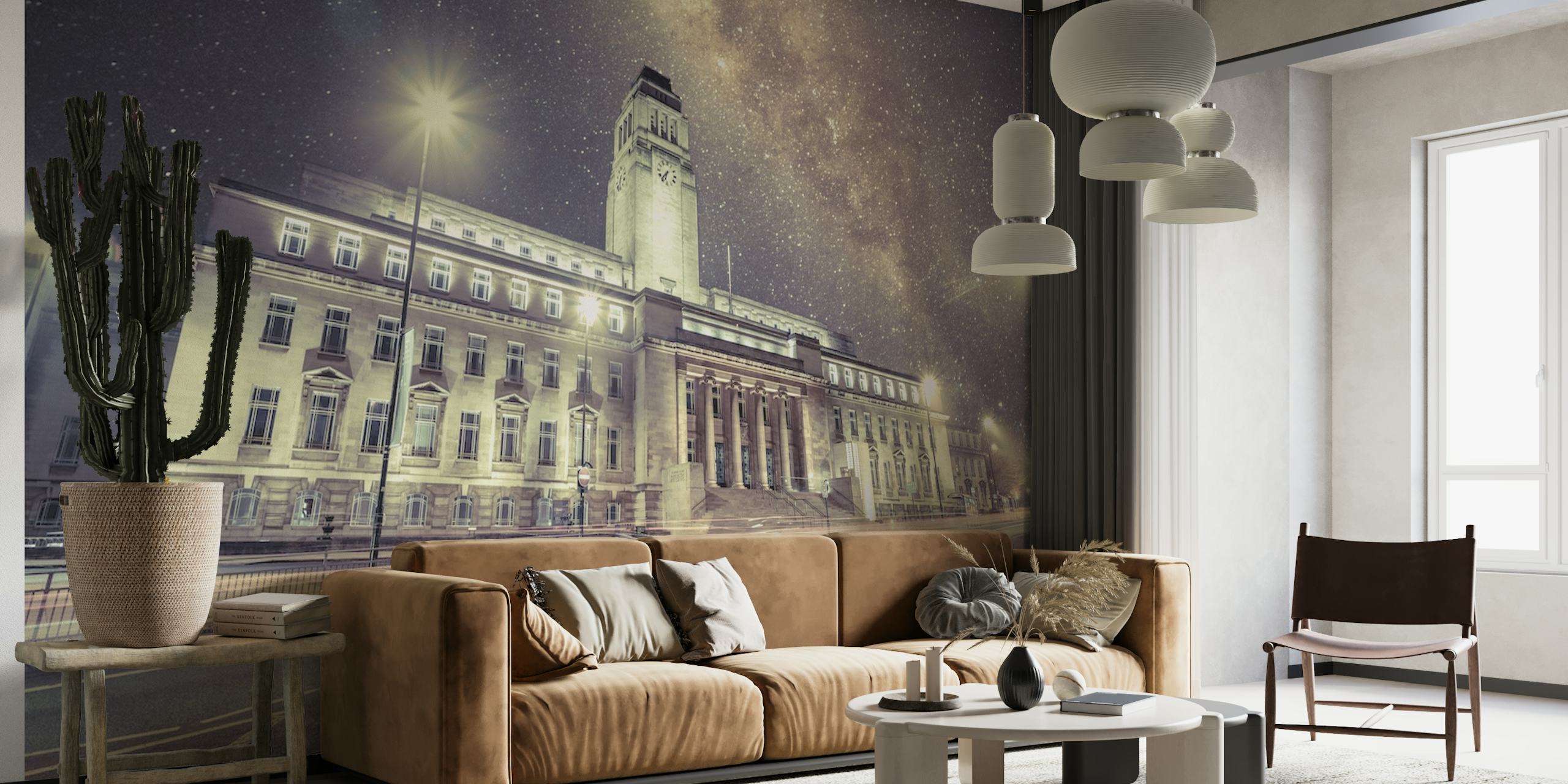 Cosmic night sky over a snow-covered cityscape wall mural