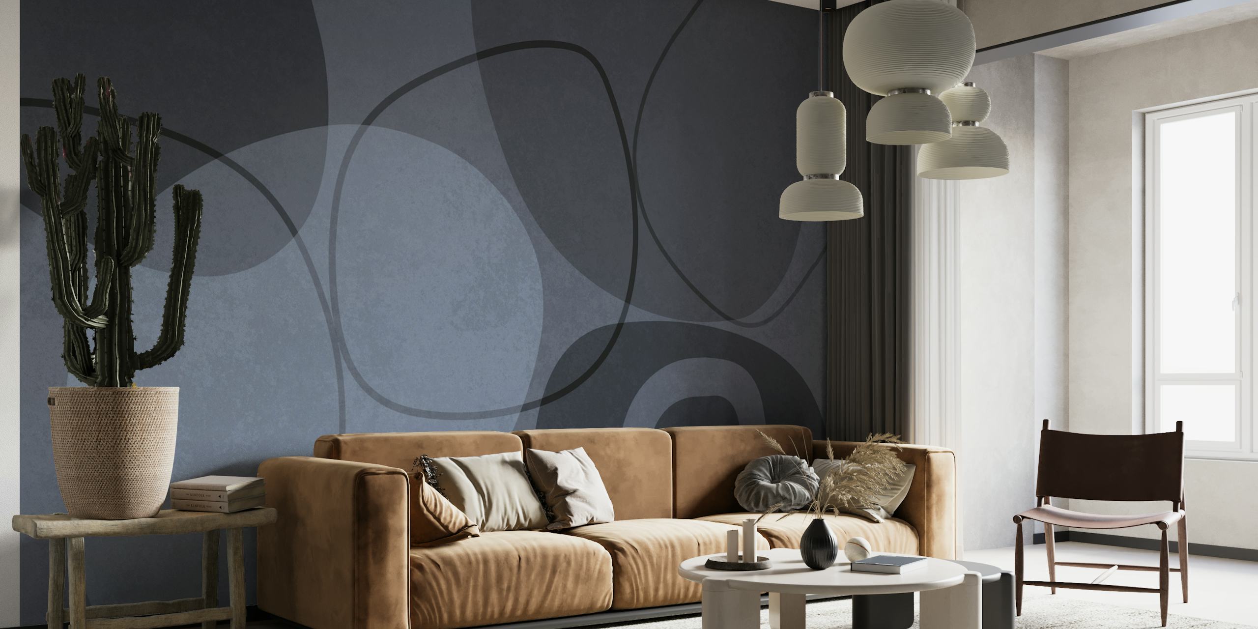 Mid Century Shapes And Outline Bluish Grey behang
