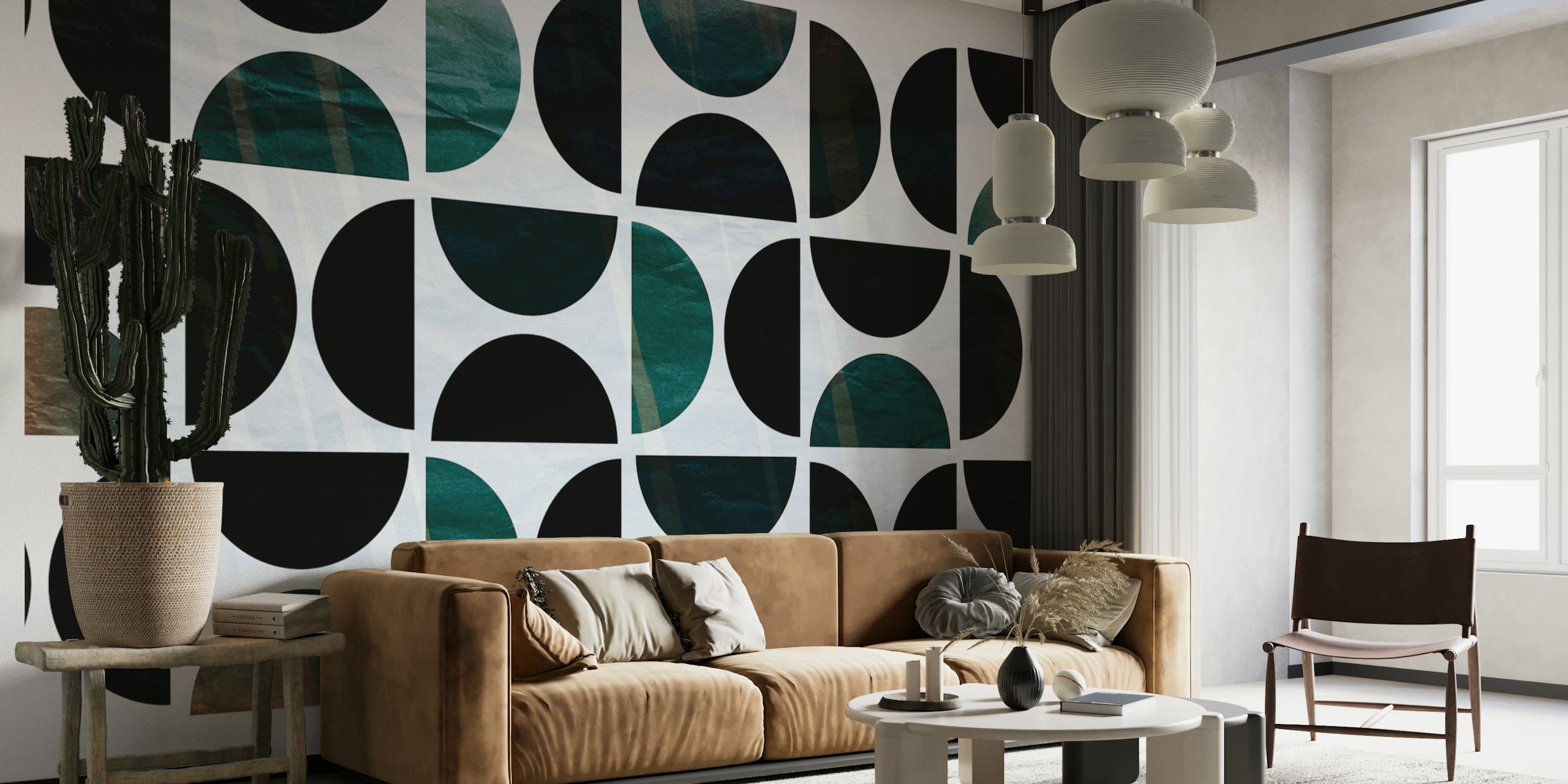 Geometric black and teal patterns with copper accents wallpaper
