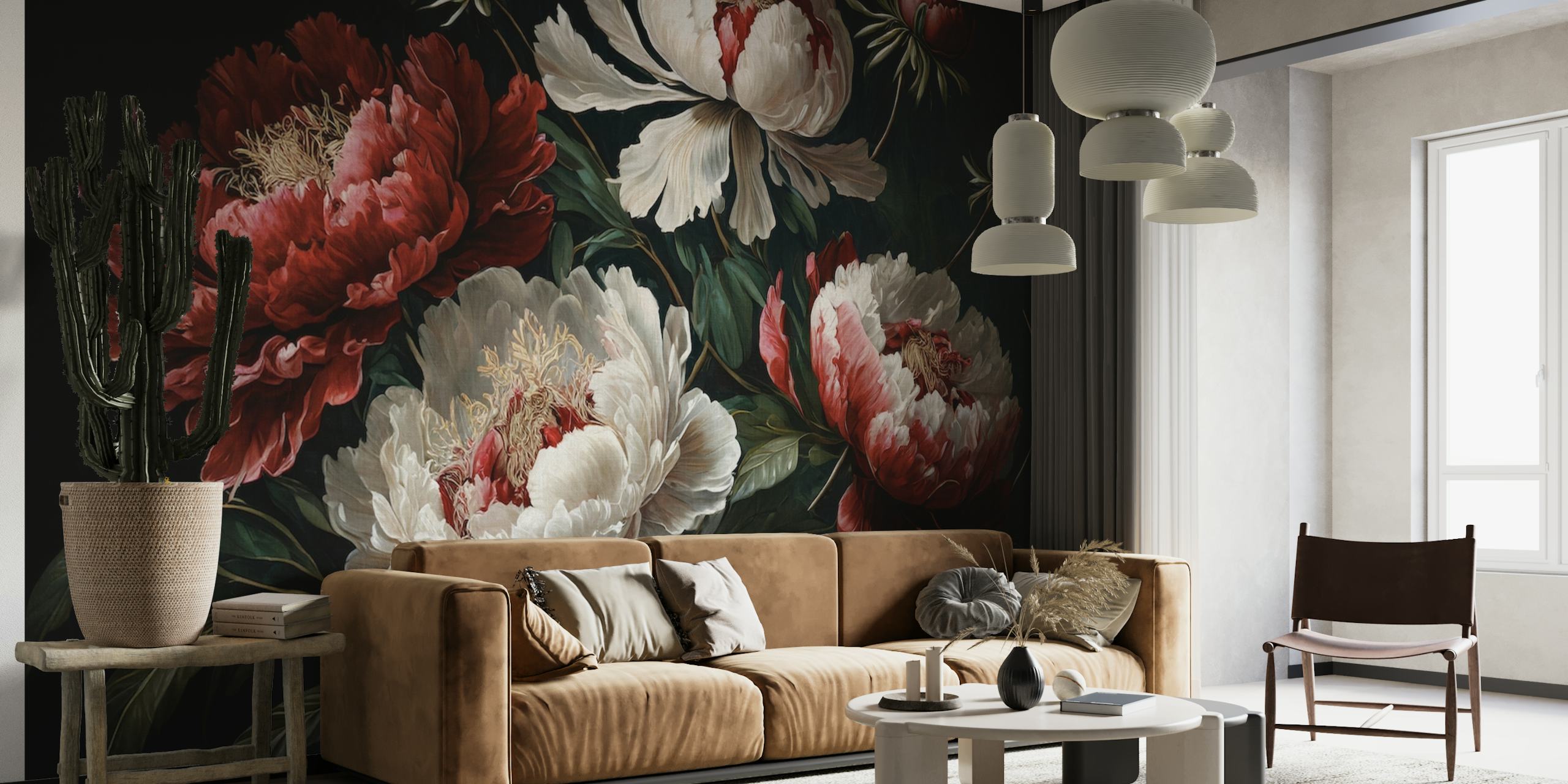 Red and white baroque peonies wallpaper design