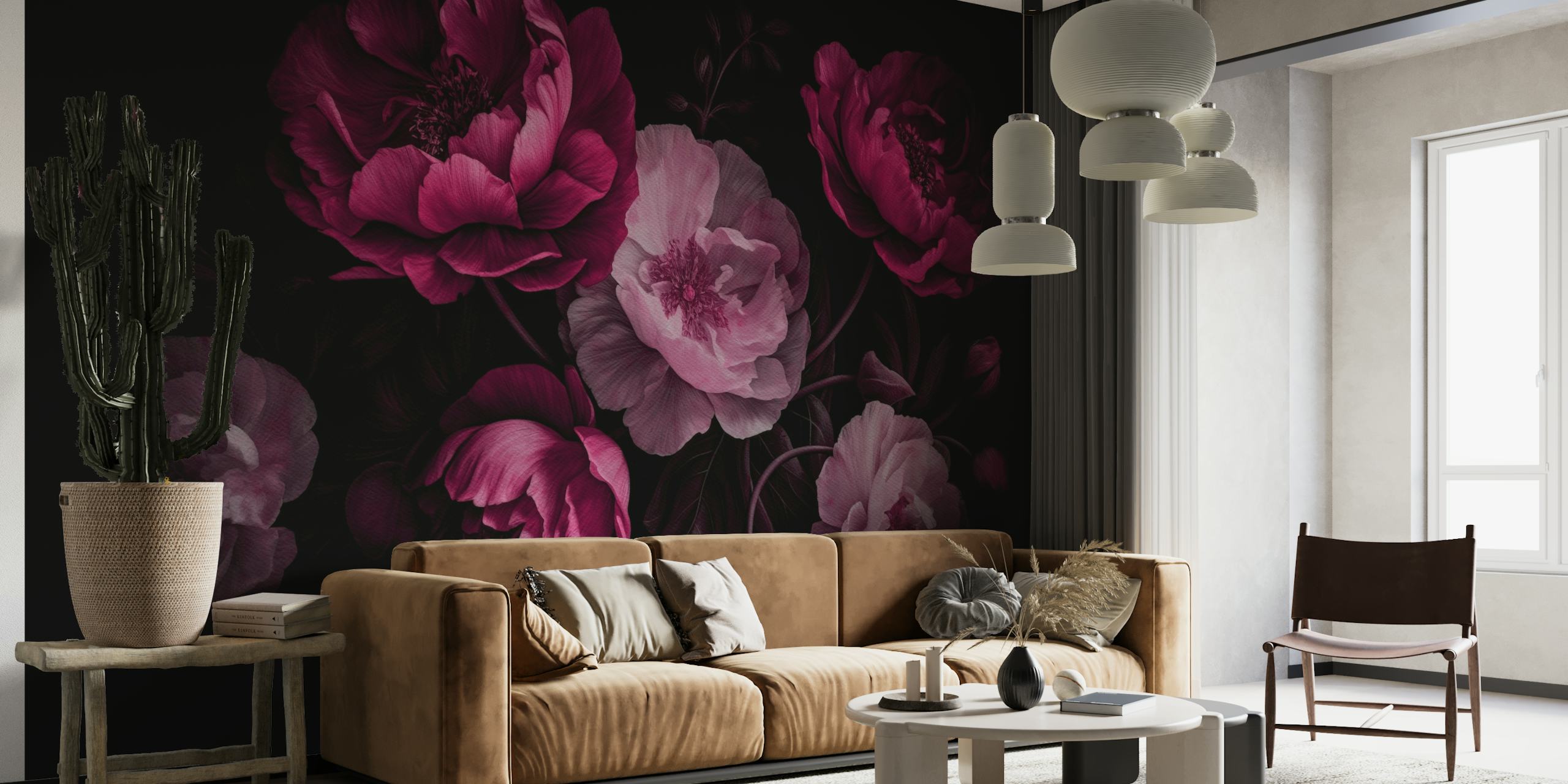 Dark, opulent Baroque-style peonies wall mural with moody ambiance