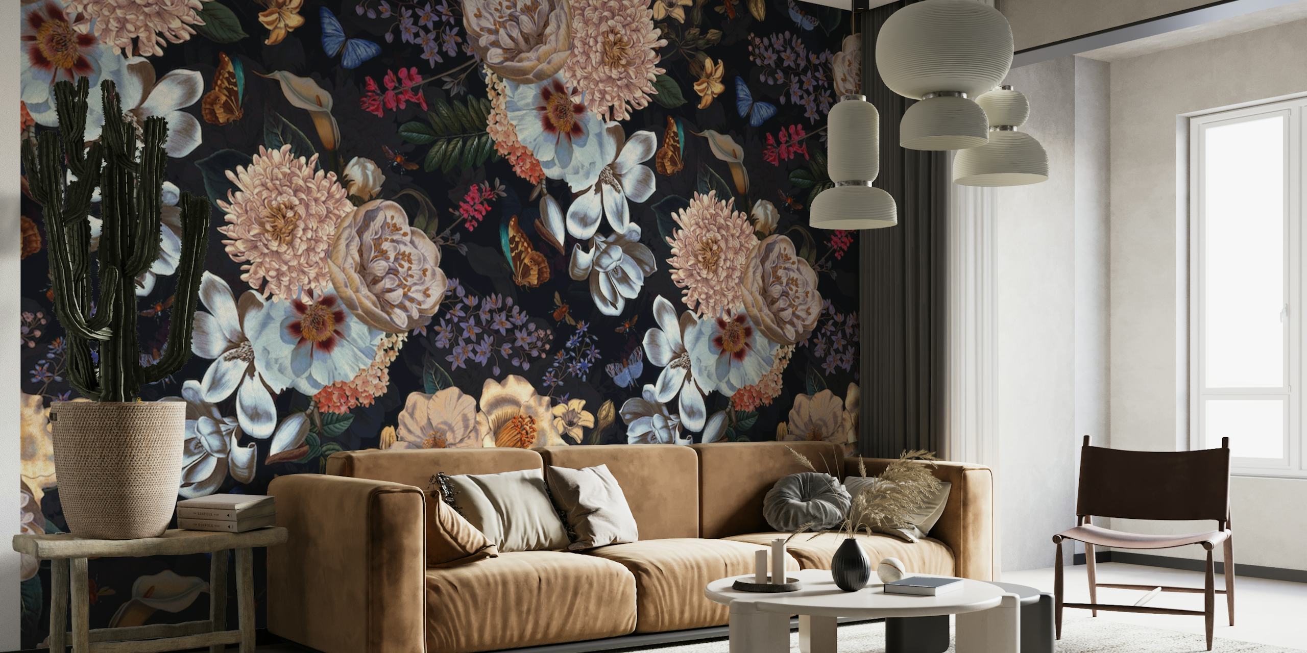 Luxurious midnight peony garden wall mural with dark background and rich floral colors