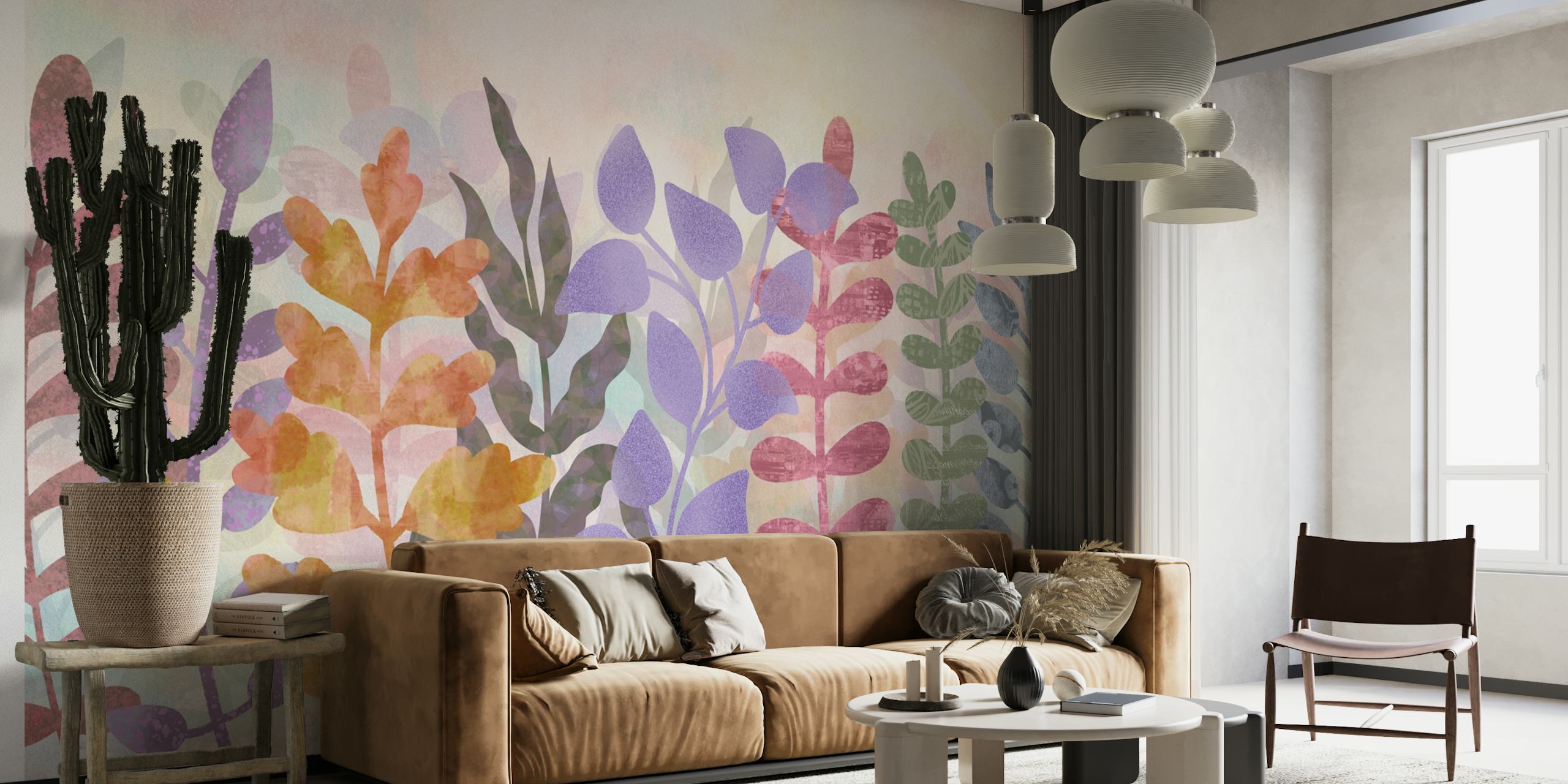 Colorful watercolor leaves in purple, green, orange, and pink wallpaper