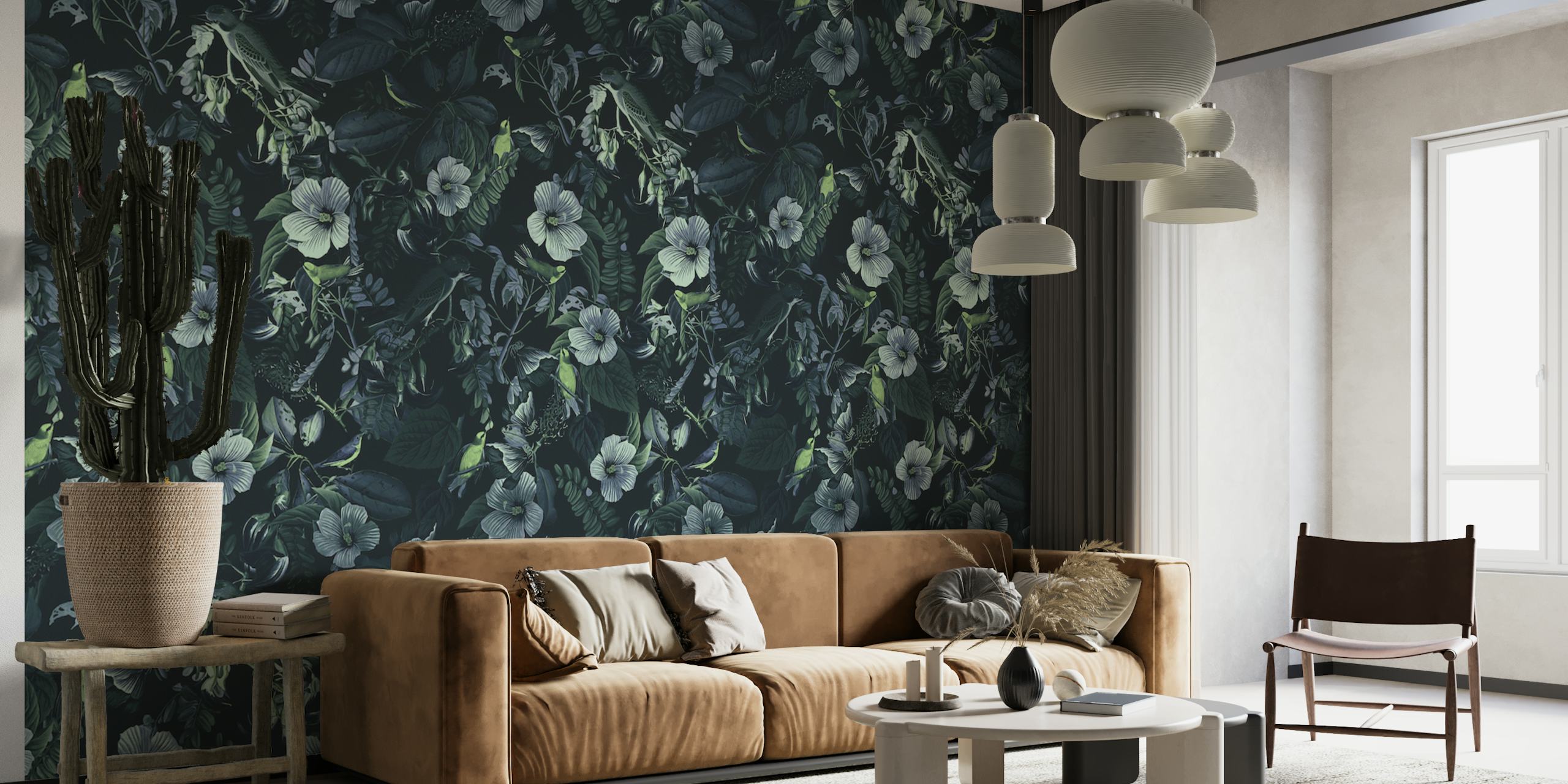 Moody floral bird wall mural with intricate botanical details