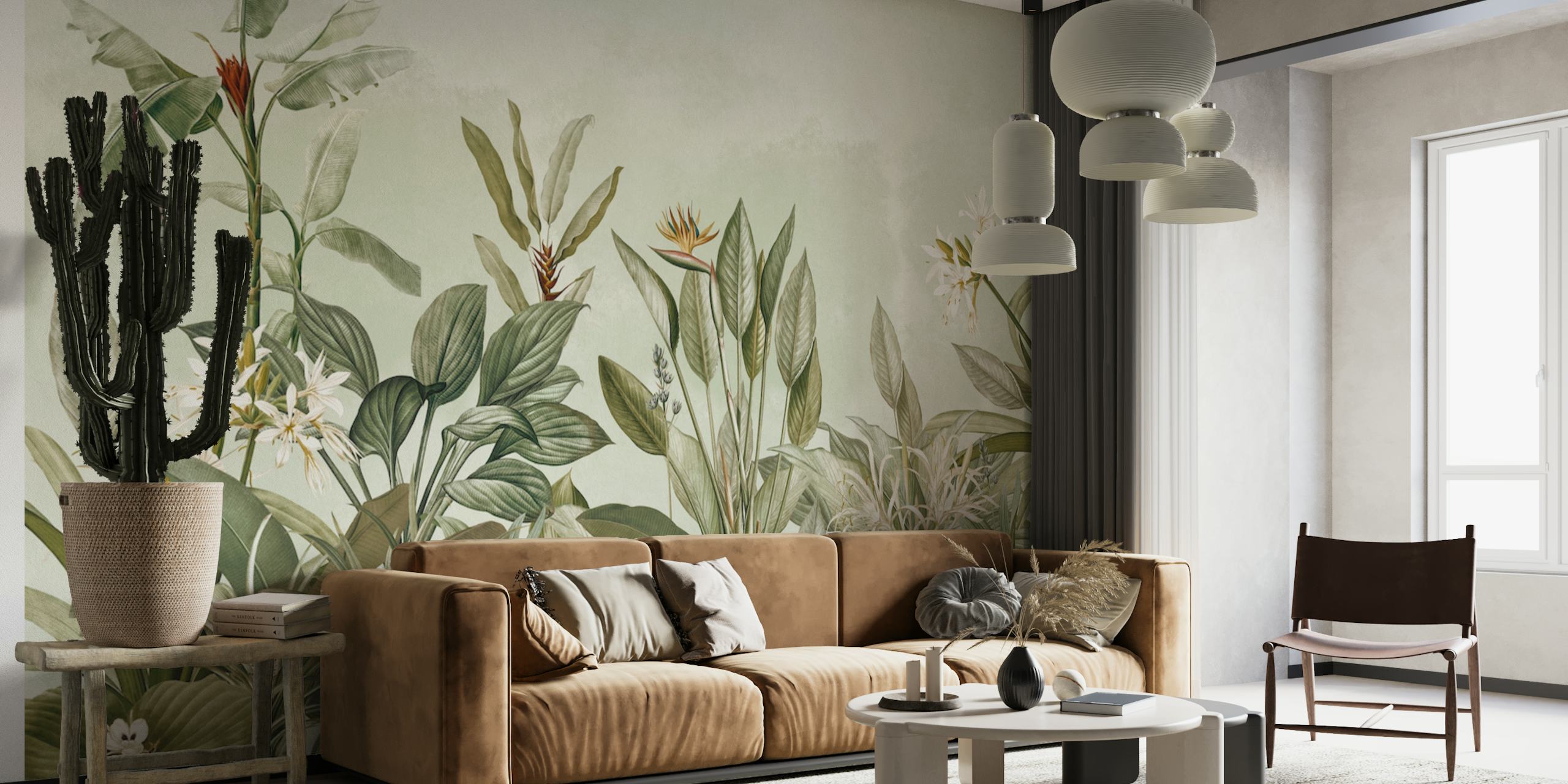 Lush floral green leaves and white flowers vintage wallpaper