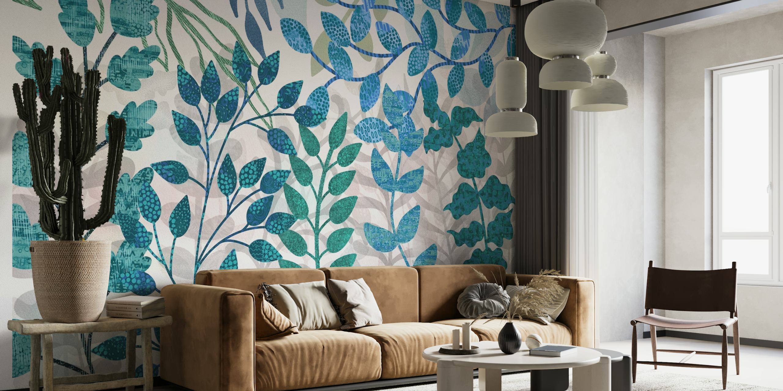 Tropical leaves in shades of green and blue wallpaper