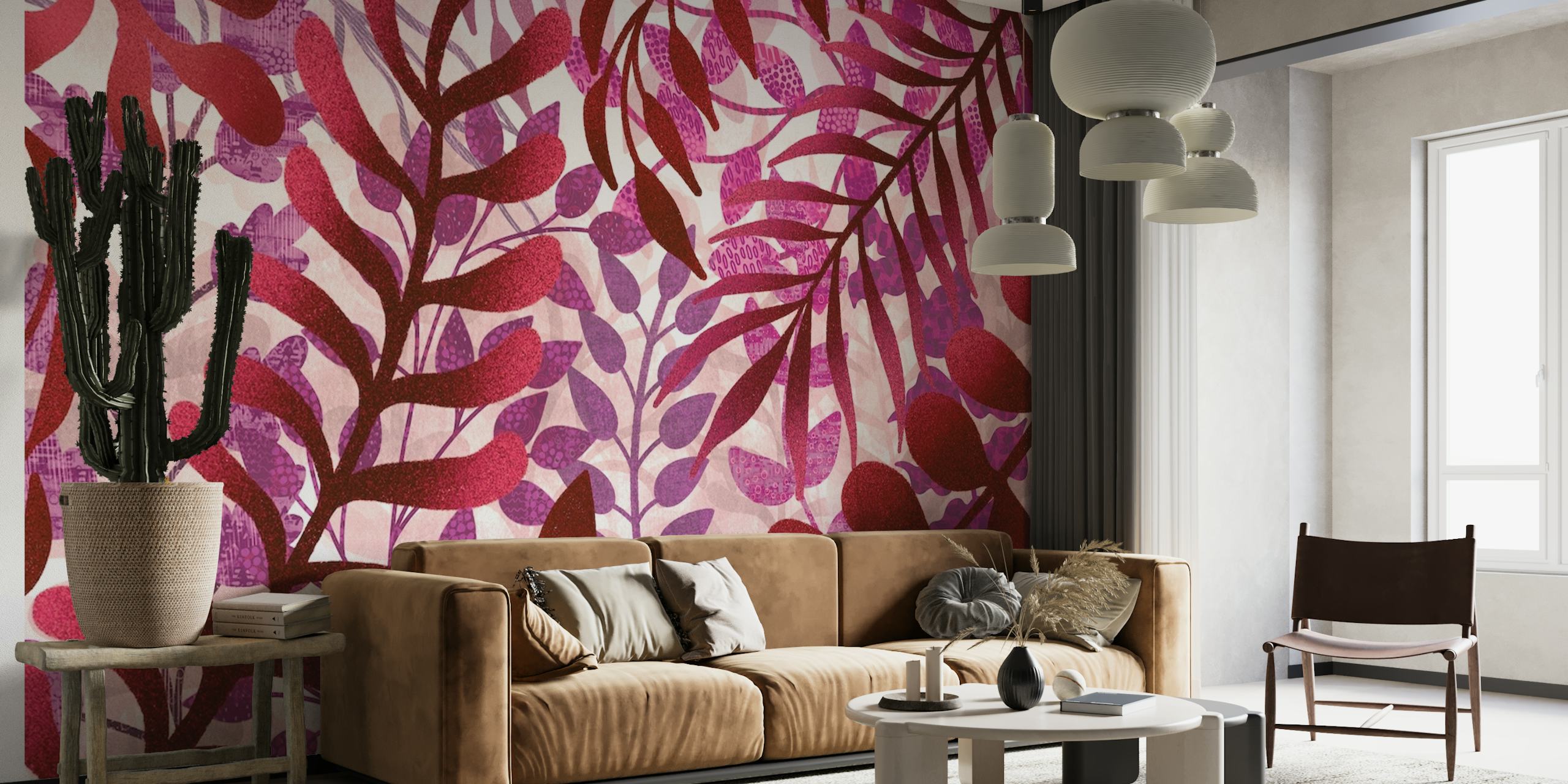 Elegante carta da parati con foglie rosa e viola per la decorazione d'interni