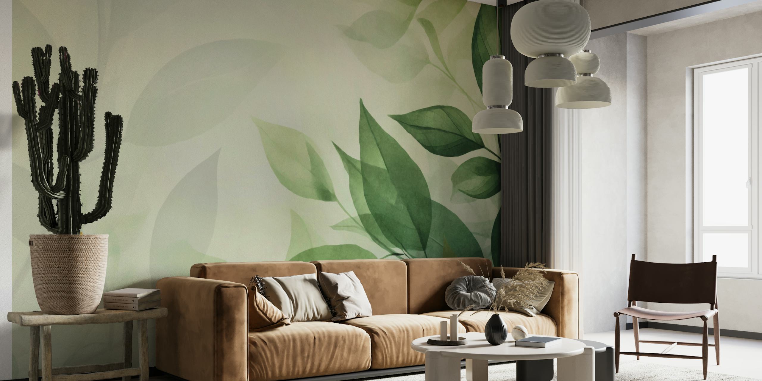 Botanical leaves in shades of green and soft background wallpaper