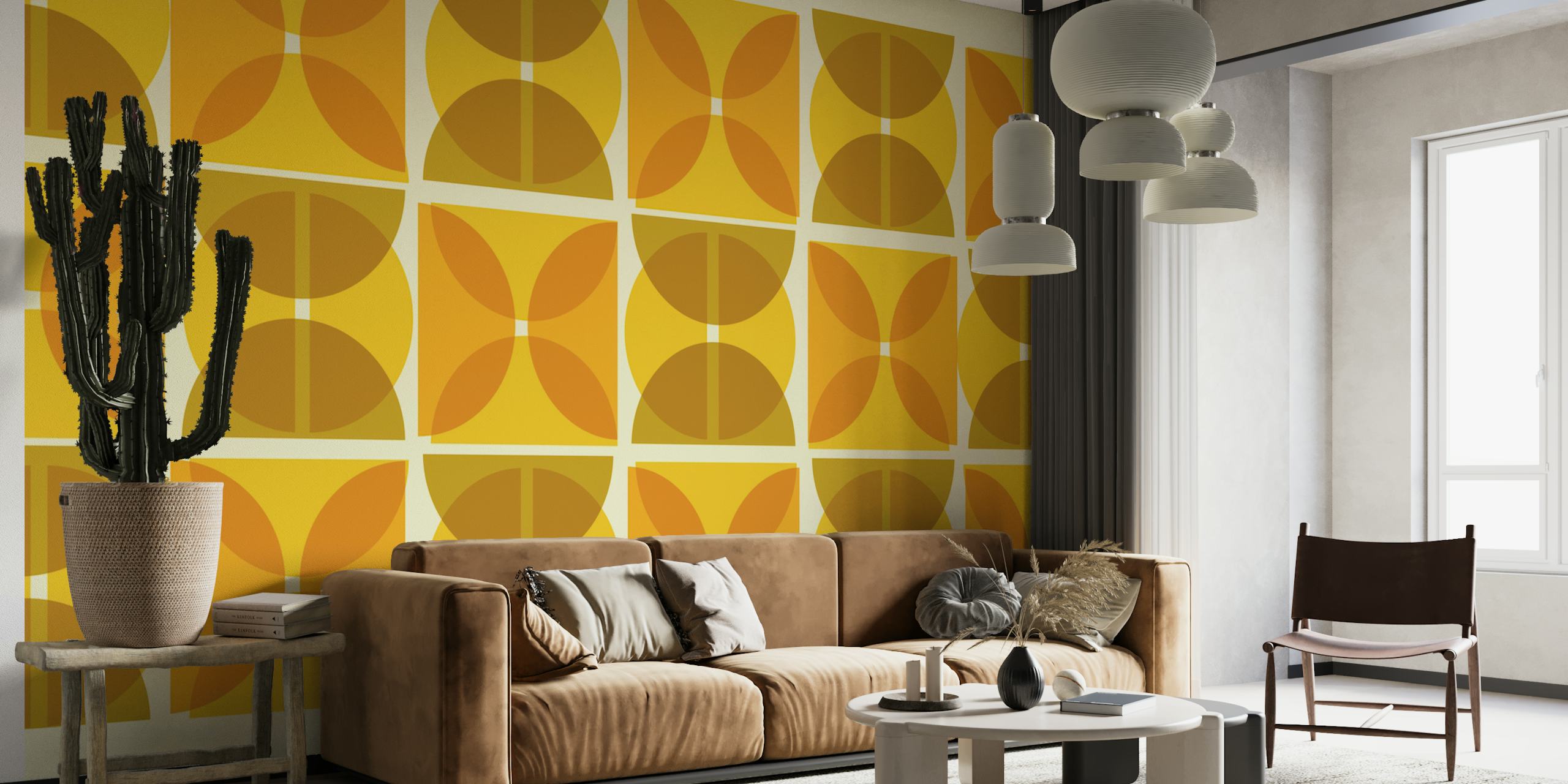 Bauhausin inspiroima seinämaalaus abstrakteilla geometrisillä muodoilla keltaisen ja ruskean sävyissä