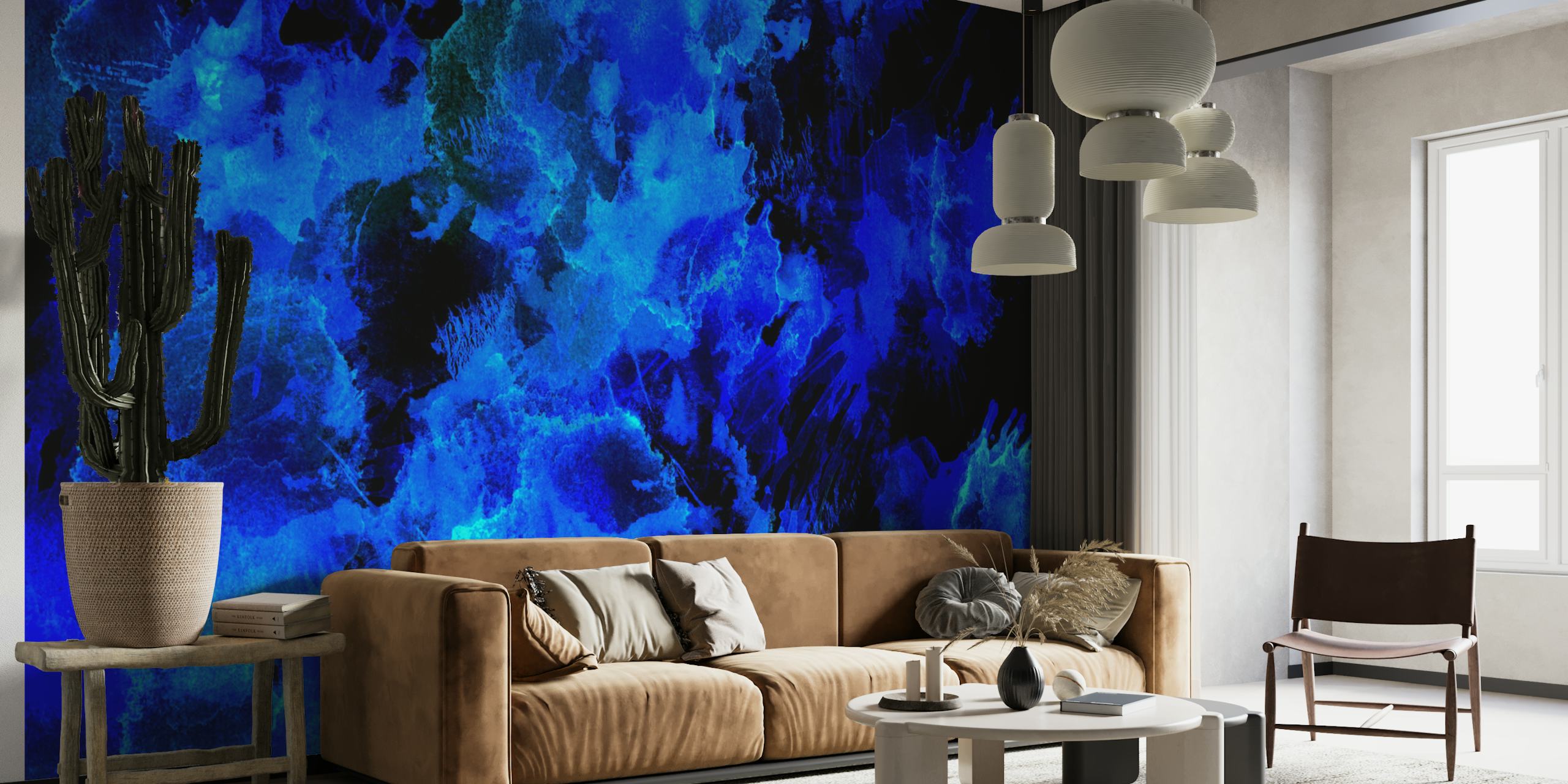 Abstract blue splash patterns on black wallpaper