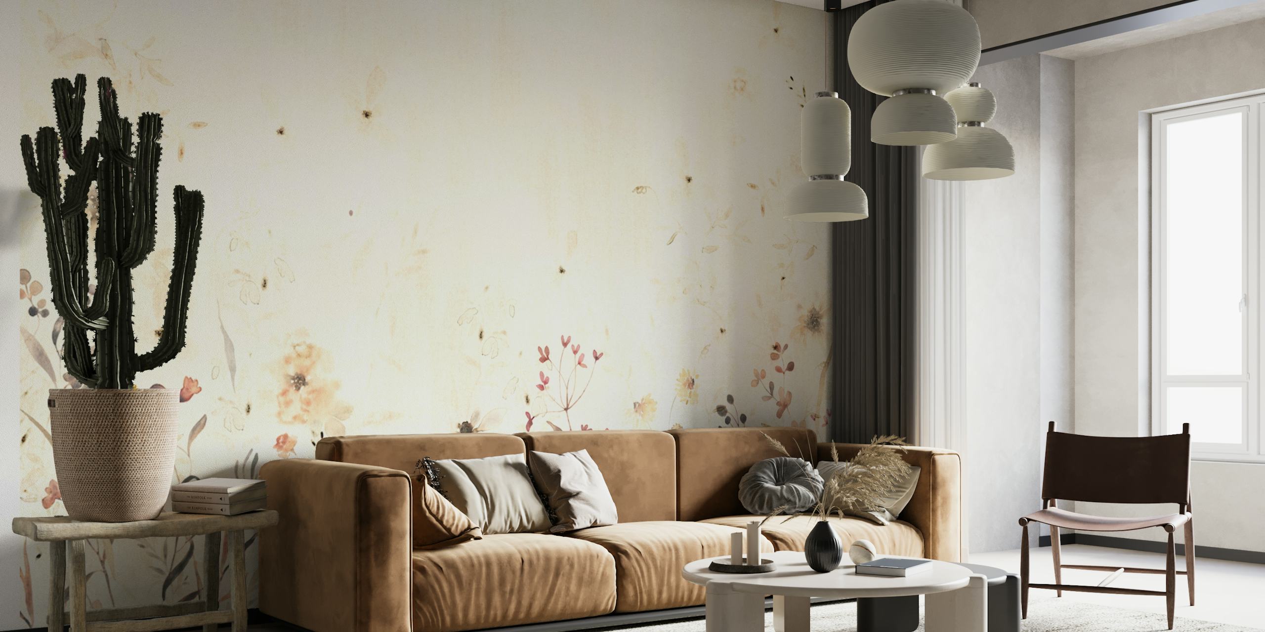 Neutral watercolor floral pattern on a wall mural with soft, serene botanical elements