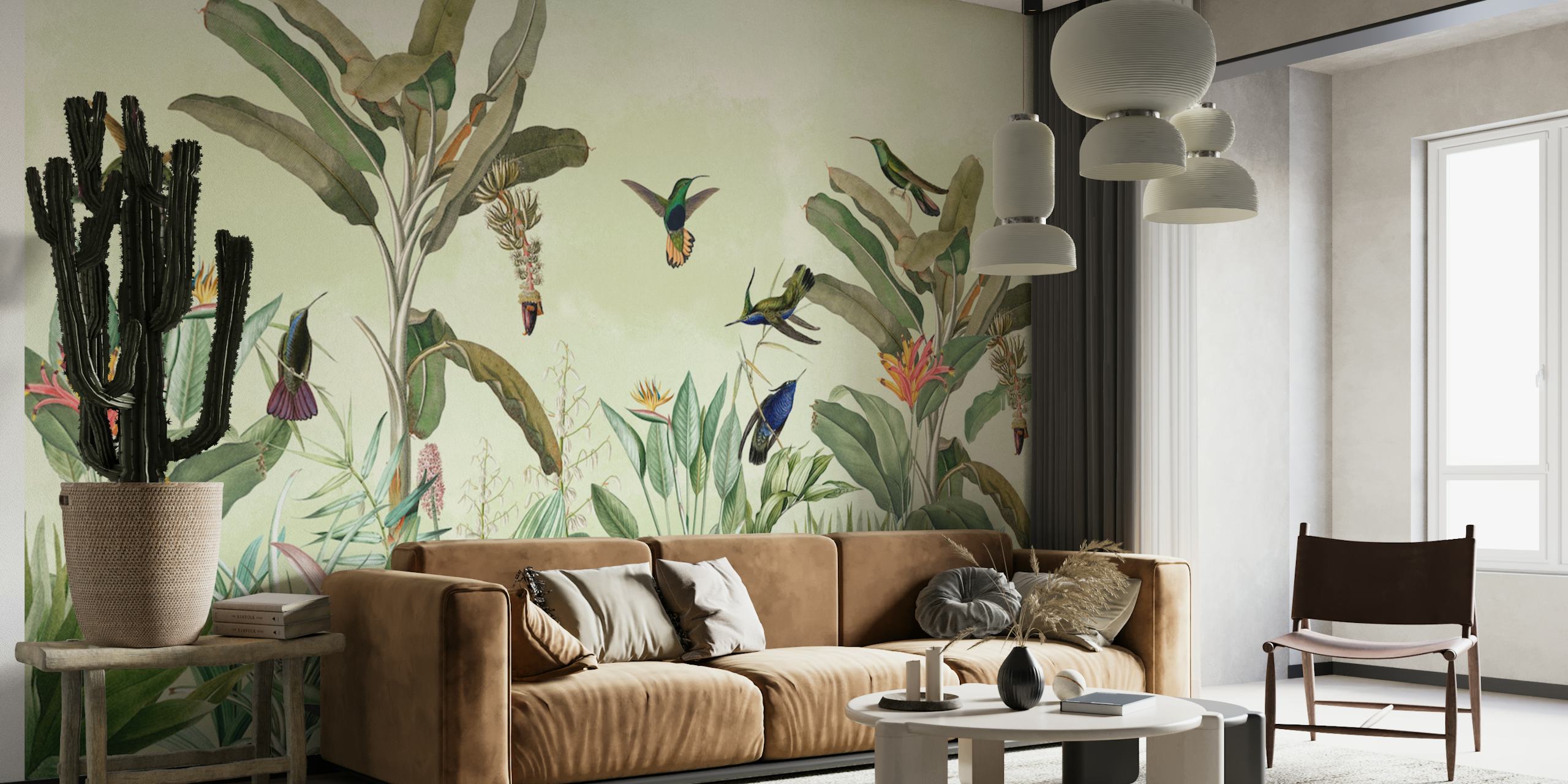 Un murale in stile vintage raffigurante colibrì che svolazzano tra vegetazione lussureggiante e fiori