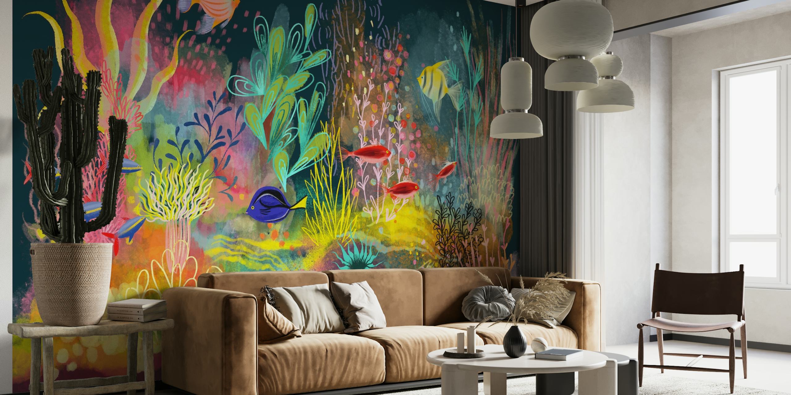 Kleurrijke onderwaterscène met tropische vissen en koraal muurschildering