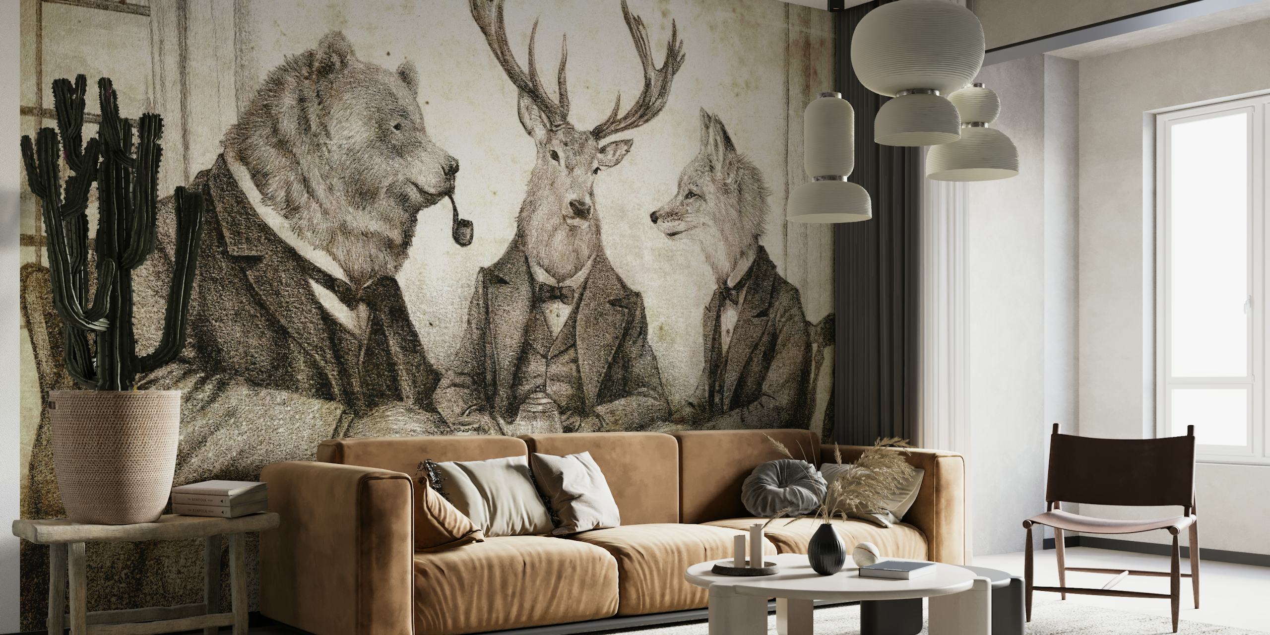 Mural de estilo vintage en blanco y negro con animales vestidos de humanos tomando té