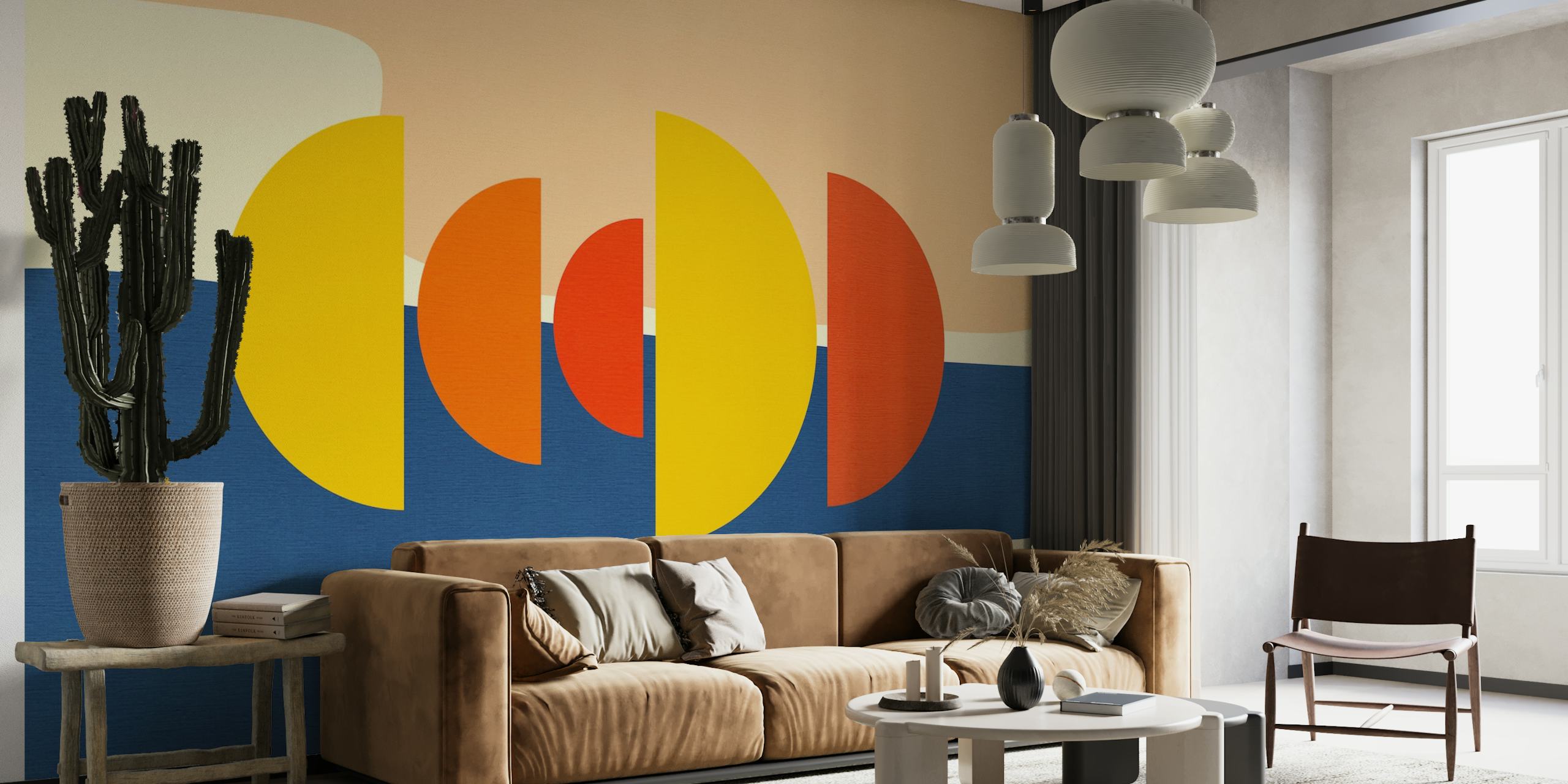 Abstract 50s style sunrise with geometric shapes in yellow, blue, and white