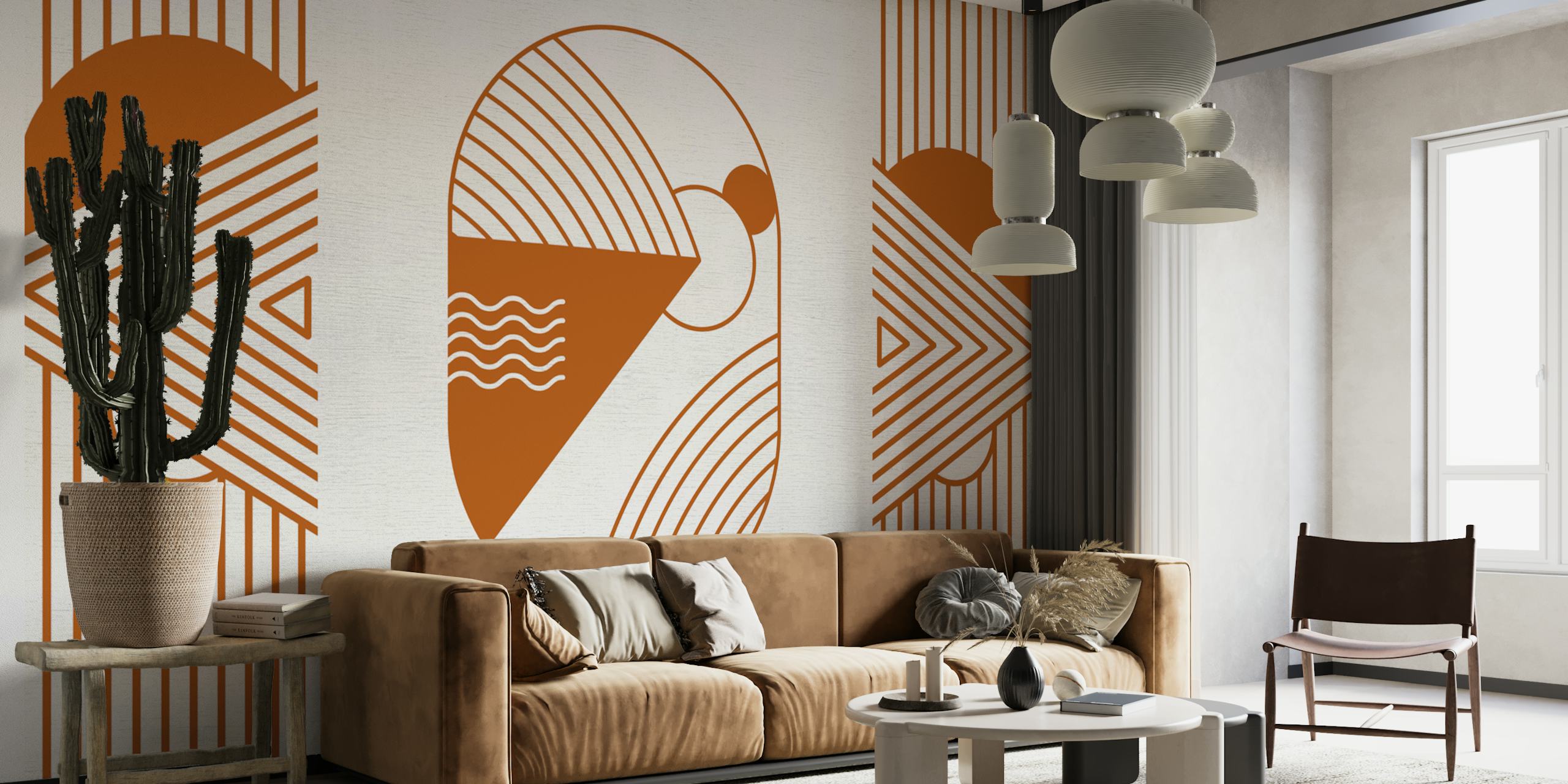 Retro-inspired cosmic dream explorer wall mural in orange rust tones with geometric shapes and space motifs.