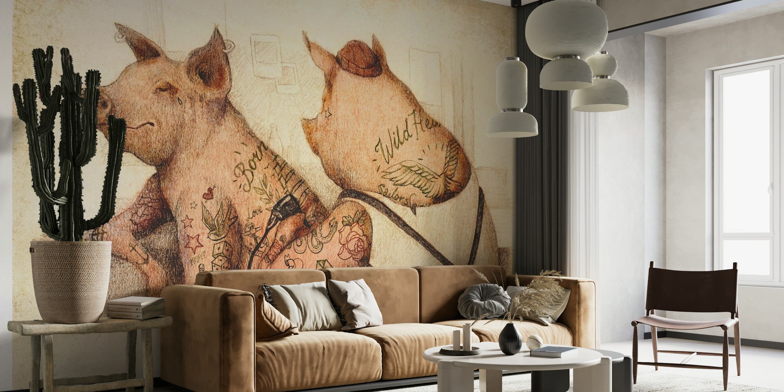 Whimsical wall mural featuring two tattooed pigs with intricate ink designs on a vintage-style background.