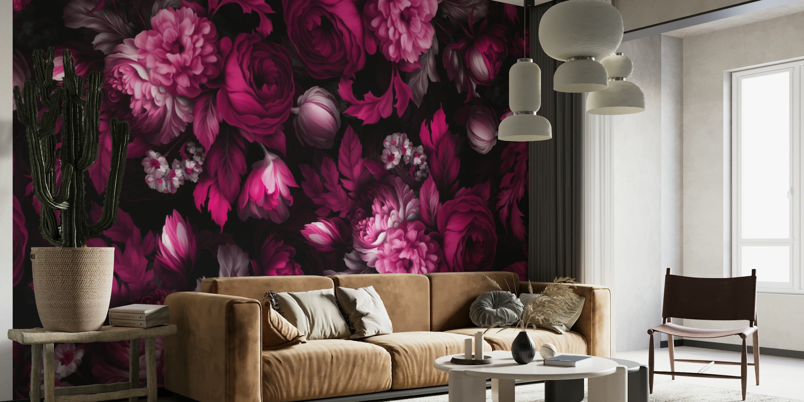 Burgundy floral pattern wallpaper featuring roses and leaves