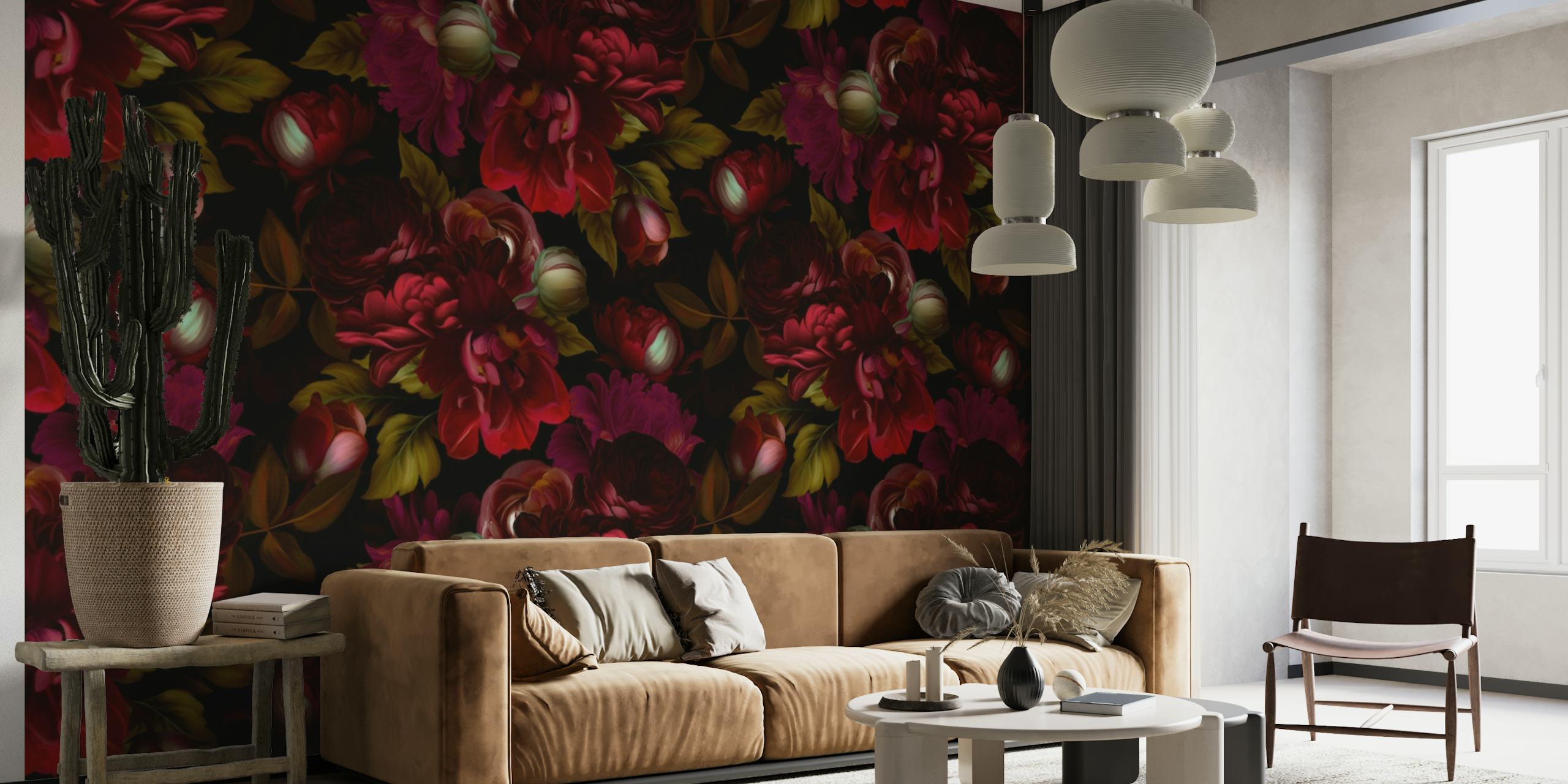 Rich burgundy roses on a dark background wall mural