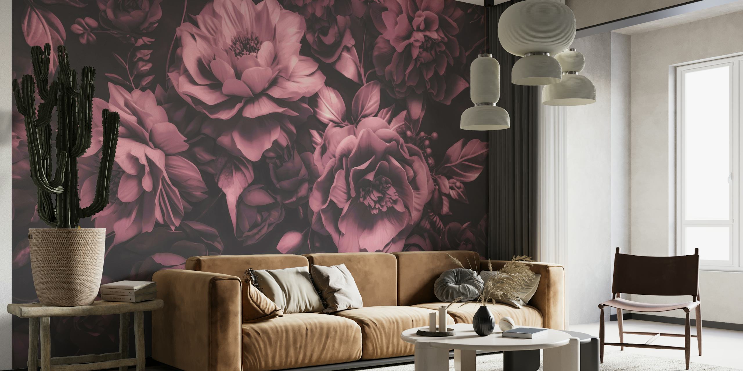 Opulent Baroque Flowers Moody Matte Pink tapetit