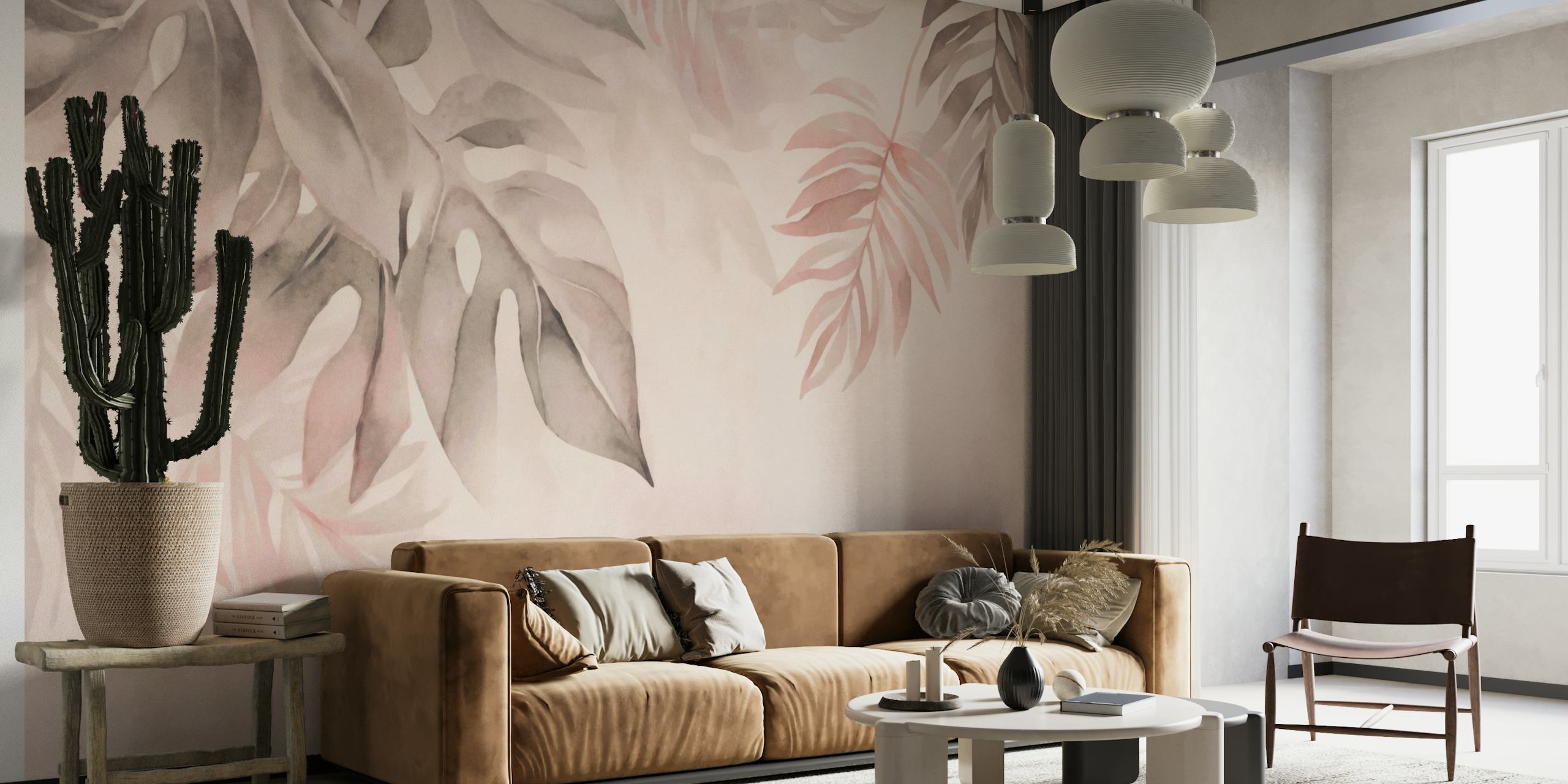 Gentle Leaf Tropical Whispers Blush-vægmaleri med bløde pasteltoner og subtilt løv