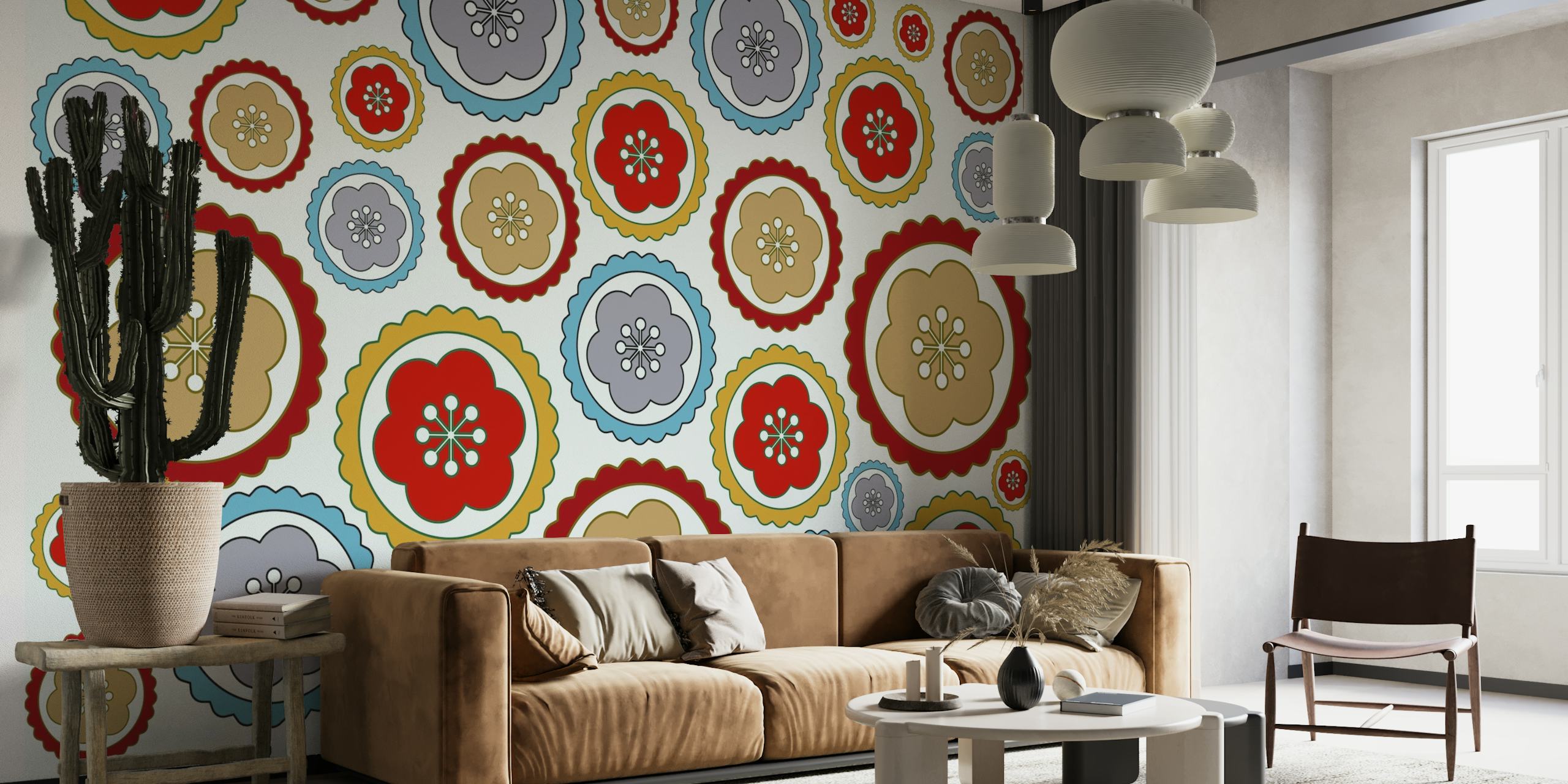 Colorful retro-style daisy pattern wall mural for a vintage decor theme