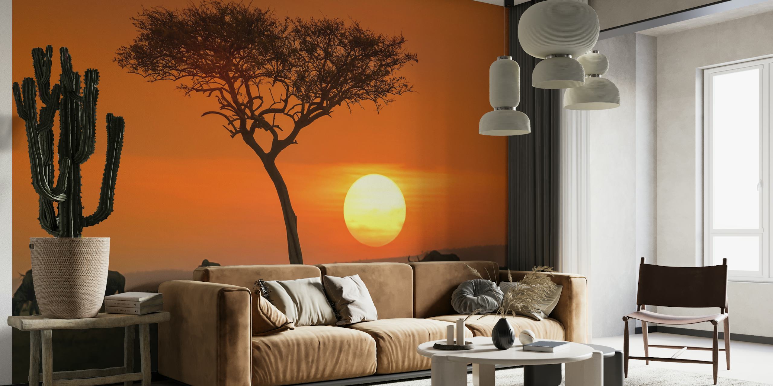 Safari sunset behang weergegeven in een kamer