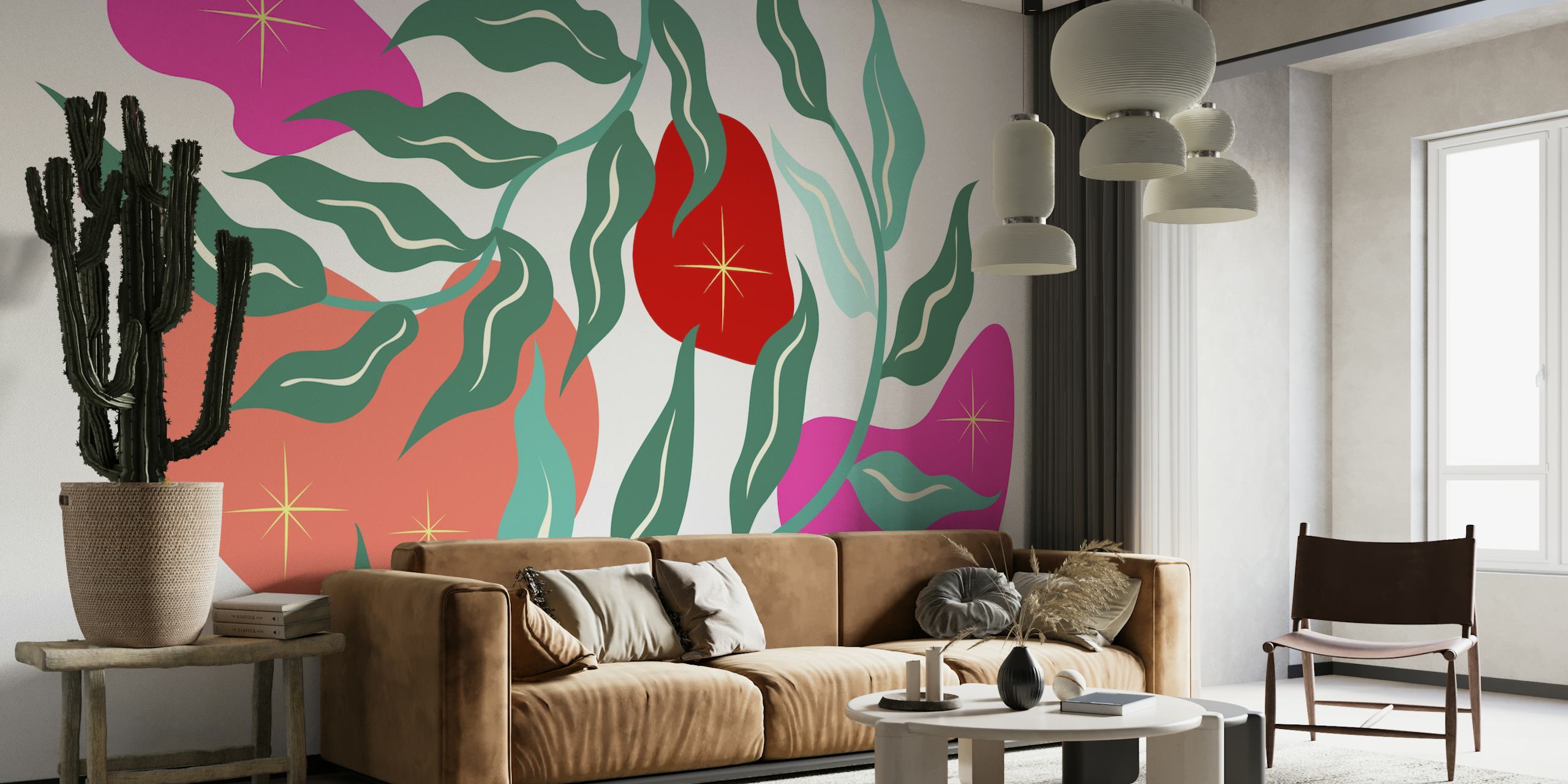 Colorful foliage with leaves and abstract shapes in vibrant tones wallpaper