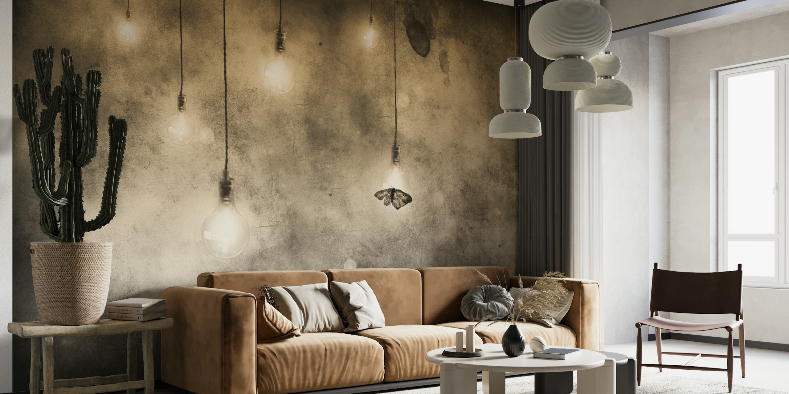Vintage light bulbs hanging with a butterfly on a dark background wallpaper