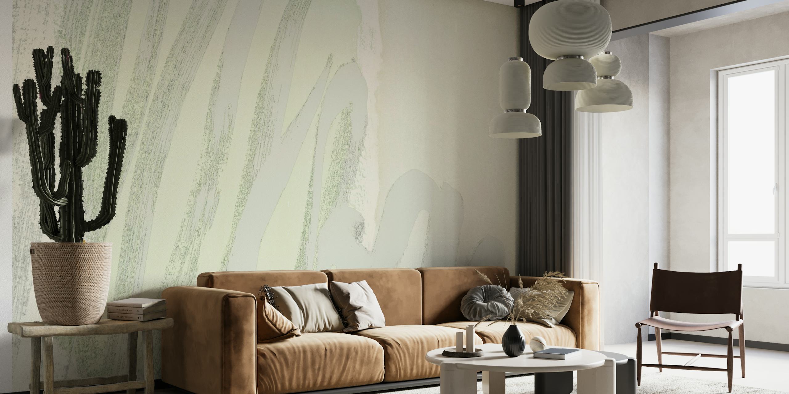 Pastel brushstrokes - neutral and green wallpaper